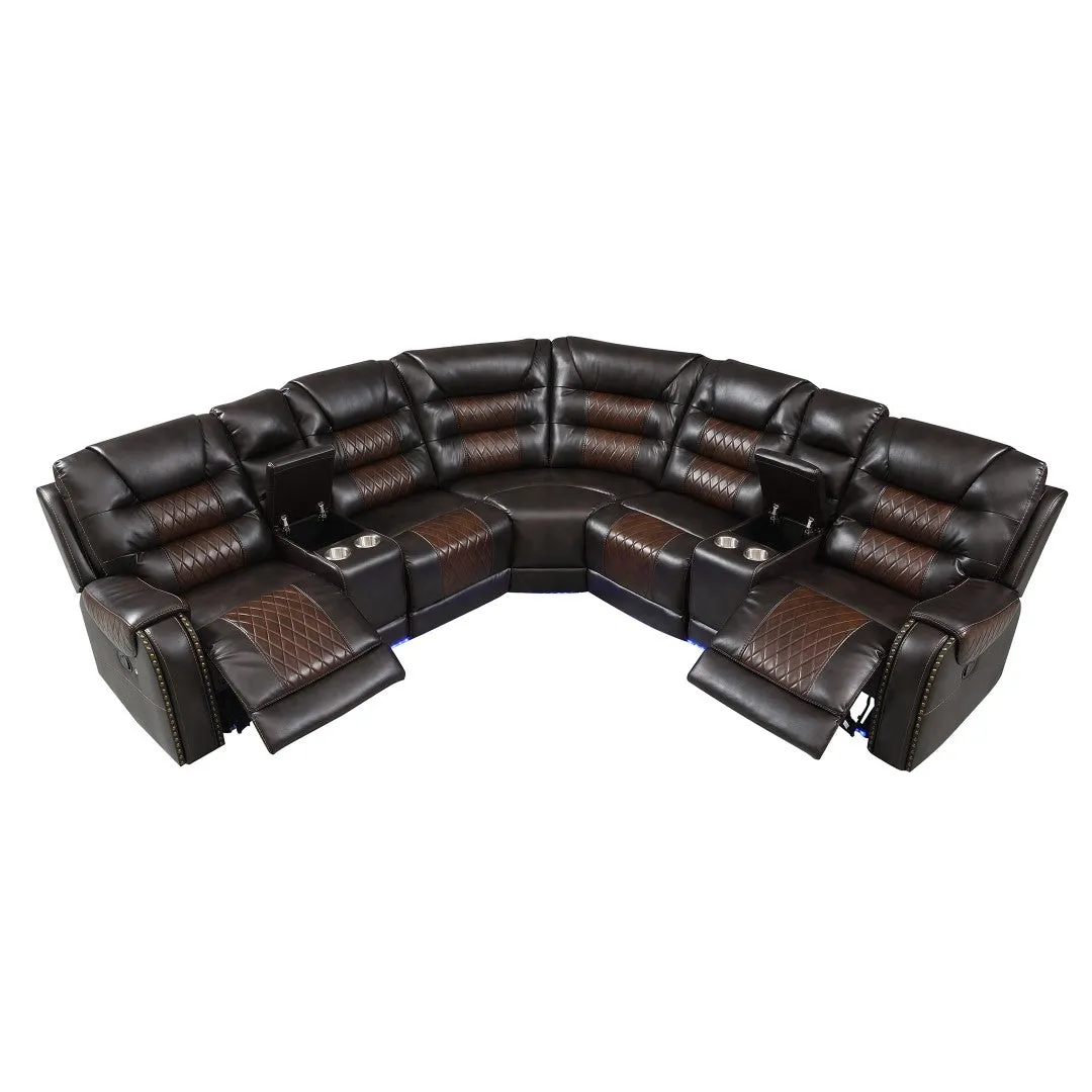 112.2" Manual Reclining Sectional Sofa Set L Shaped with Storage, 4 Cup Holders, LED Light Strip, Brown