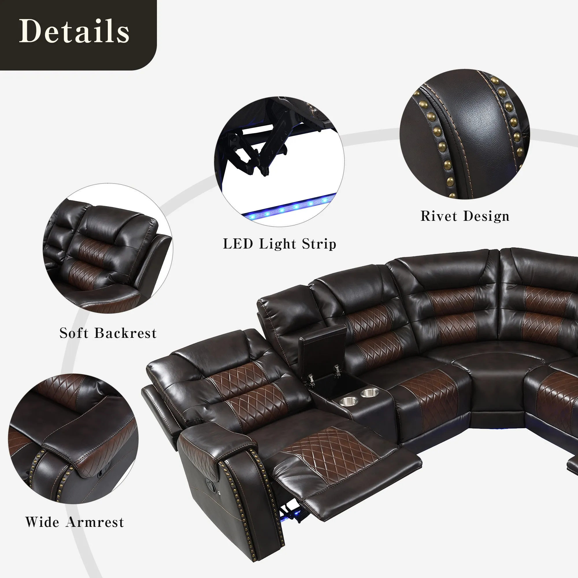 112.2" Manual Reclining Sectional Sofa Set L Shaped with Storage, 4 Cup Holders, LED Light Strip, Brown