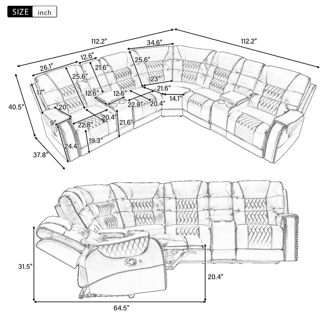 112.2" Manual Reclining Sectional Sofa Set L Shaped with Storage, 4 Cup Holders, LED Light Strip, Brown