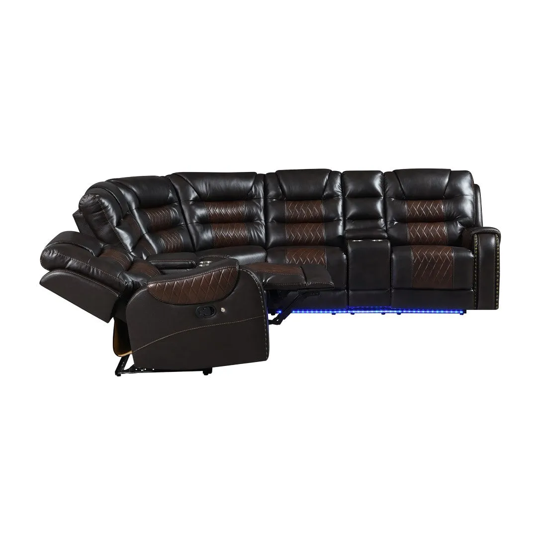 112.2" Manual Reclining Sectional Sofa Set L Shaped with Storage, 4 Cup Holders, LED Light Strip, Brown