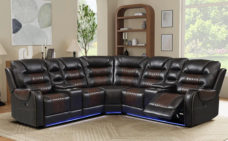 112.2" Manual Reclining Sectional Sofa Set L Shaped with Storage, 4 Cup Holders, LED Light Strip, Brown