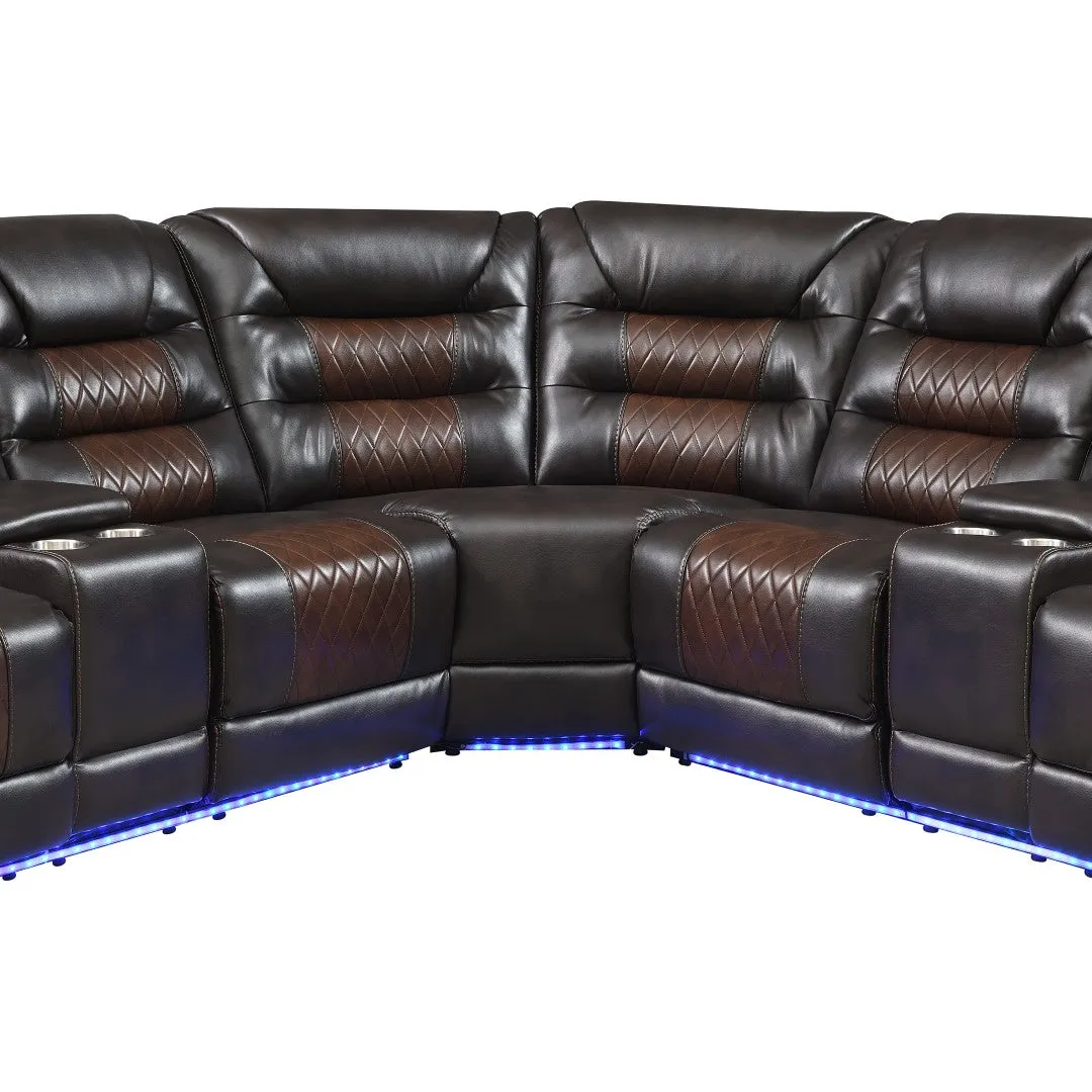 112.2" Manual Reclining Sectional Sofa Set L Shaped with Storage, 4 Cup Holders, LED Light Strip, Brown