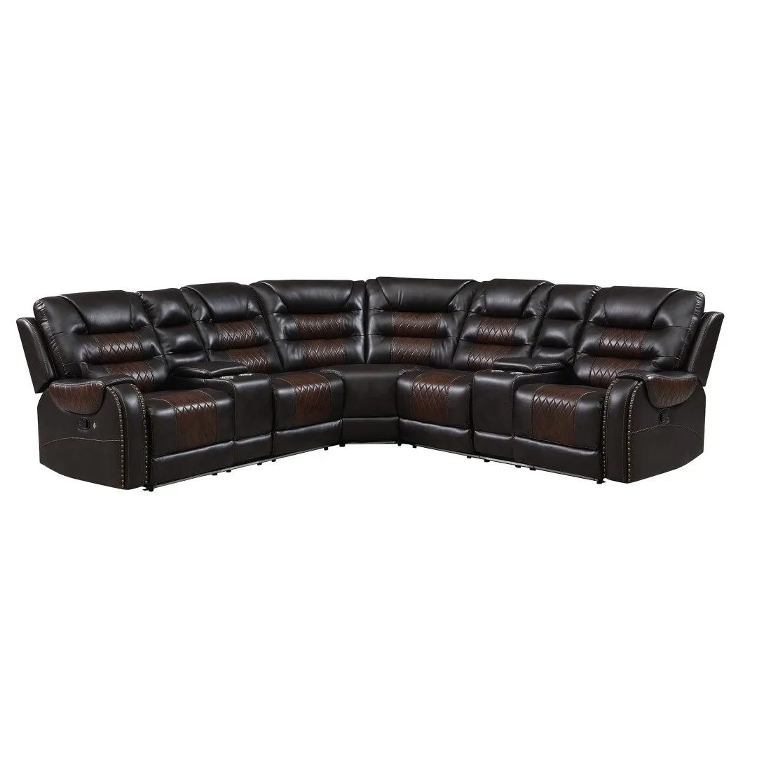 112.2" Manual Reclining Sectional Sofa Set L Shaped with Storage, 4 Cup Holders, LED Light Strip, Brown