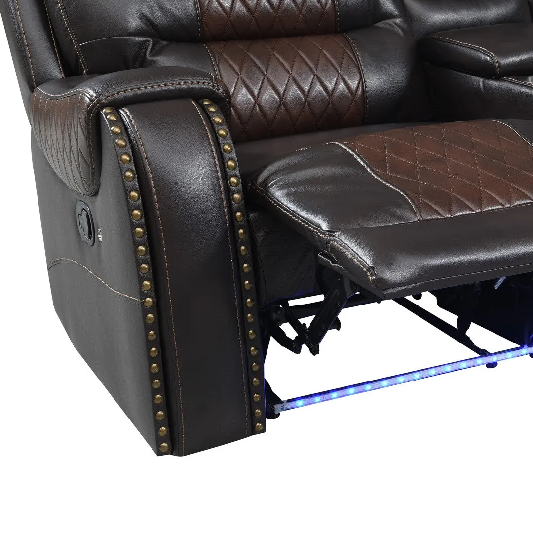 112.2" Manual Reclining Sectional Sofa Set L Shaped with Storage, 4 Cup Holders, LED Light Strip, Brown