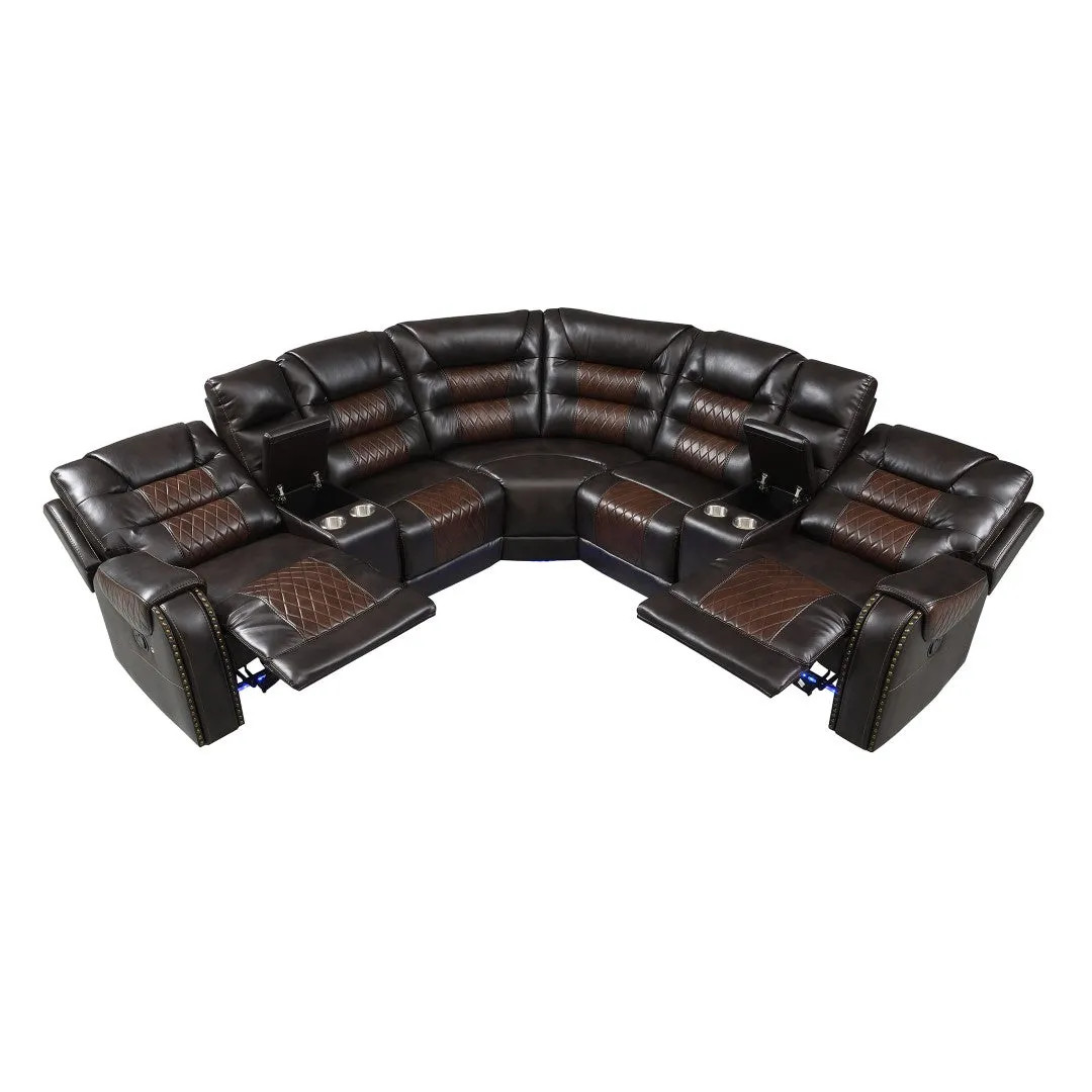 112.2" Manual Reclining Sectional Sofa Set L Shaped with Storage, 4 Cup Holders, LED Light Strip, Brown