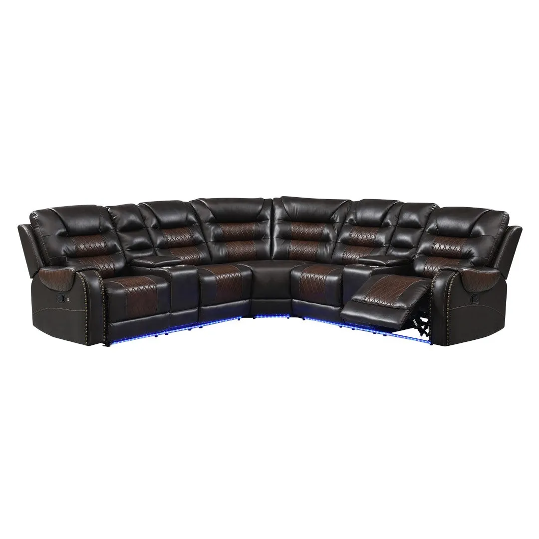 112.2" Manual Reclining Sectional Sofa Set L Shaped with Storage, 4 Cup Holders, LED Light Strip, Brown