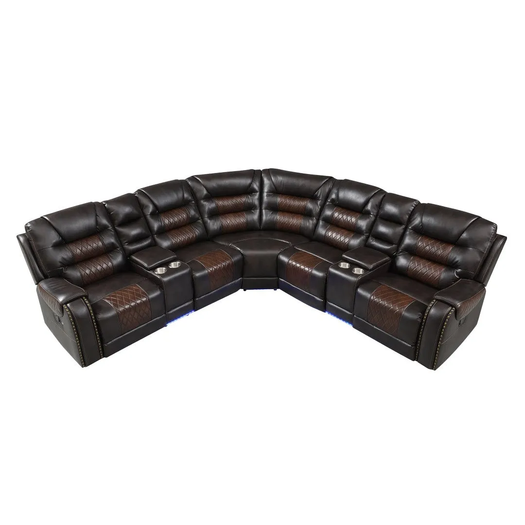 112.2" Manual Reclining Sectional Sofa Set L Shaped with Storage, 4 Cup Holders, LED Light Strip, Brown