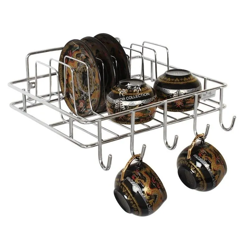 12FOR COLLECTION Multipurpose Wall Hanging Stainless Steel Big Mug,Cup & Saucer Holder, Plate Organizer Space Kitchen Saving Rack Utensil Kitchen Rack (Stainless Steel, Hanging Shelves, 4 x 10)