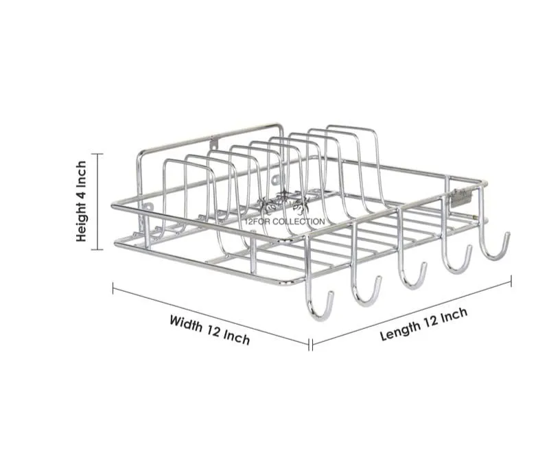 12FOR COLLECTION Multipurpose Wall Hanging Stainless Steel Big Mug,Cup & Saucer Holder, Plate Organizer Space Kitchen Saving Rack Utensil Kitchen Rack (Stainless Steel, Hanging Shelves, 4 x 10)