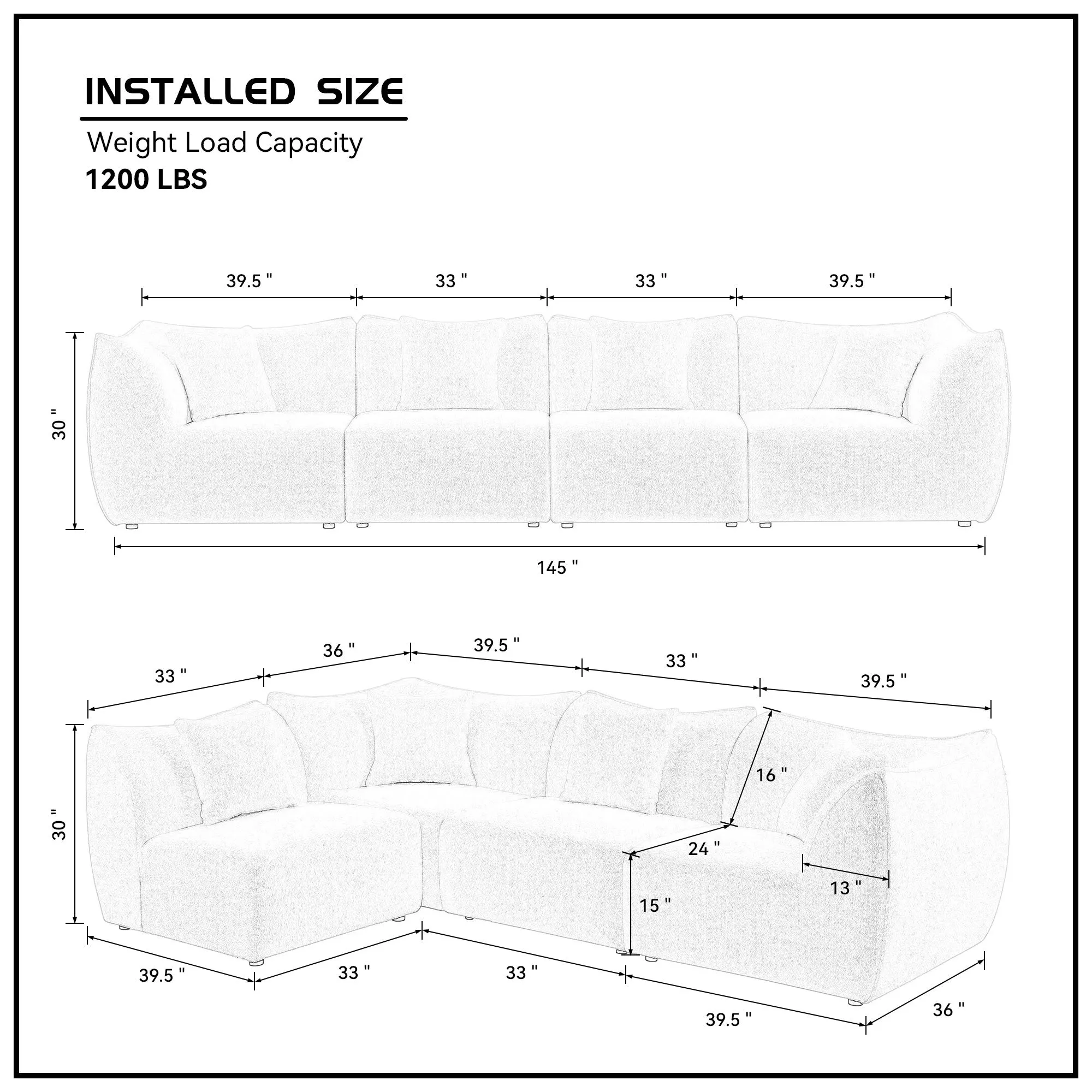 145" Modular Sectional Couch, 4-Seater Sofa, Convertible Comfy Couch for Living Room, Office, Grey