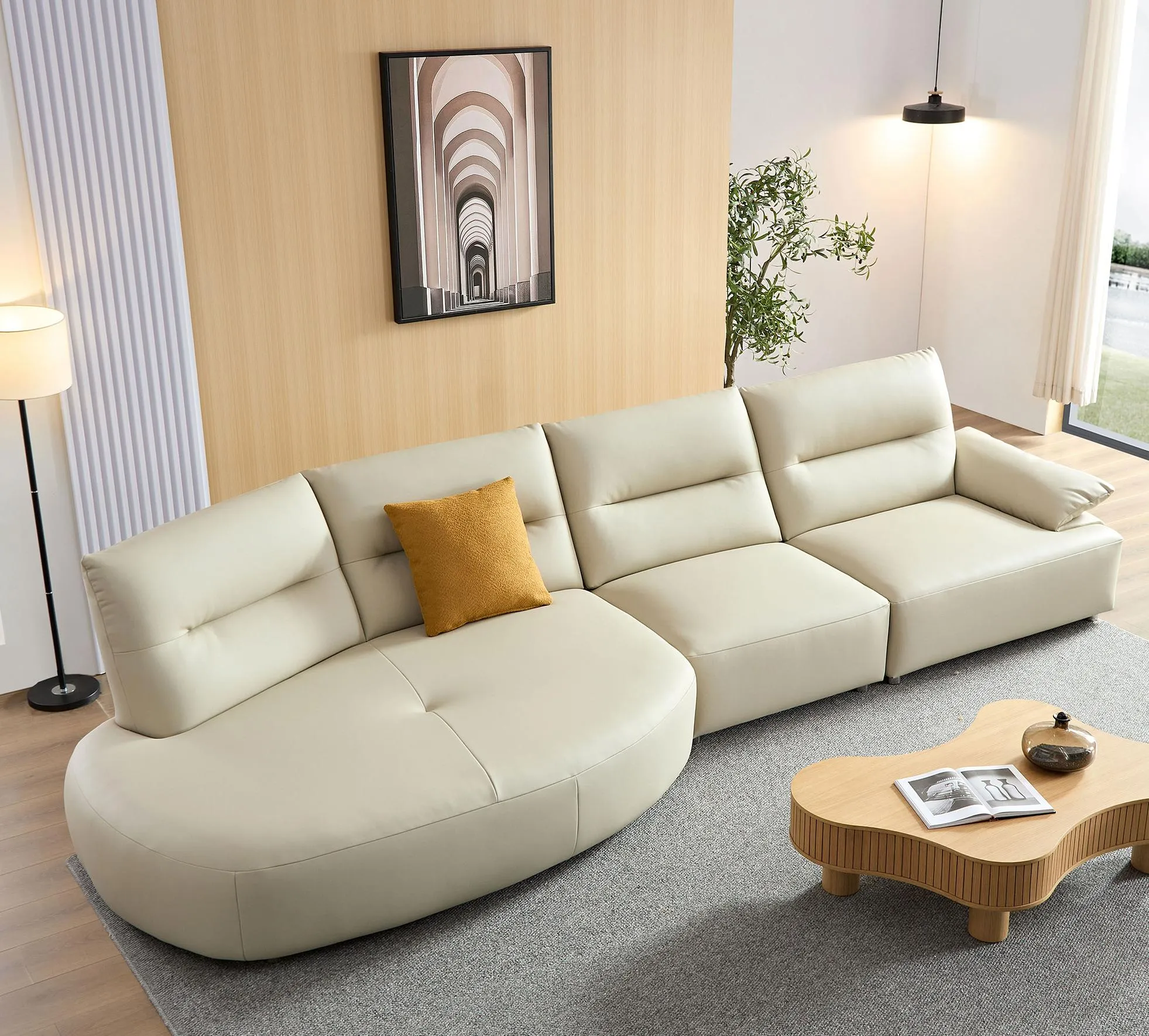 147.24'' Modern Curved Sectional Sofa, 5-Seat Eco-Leather Couch Set, Beige