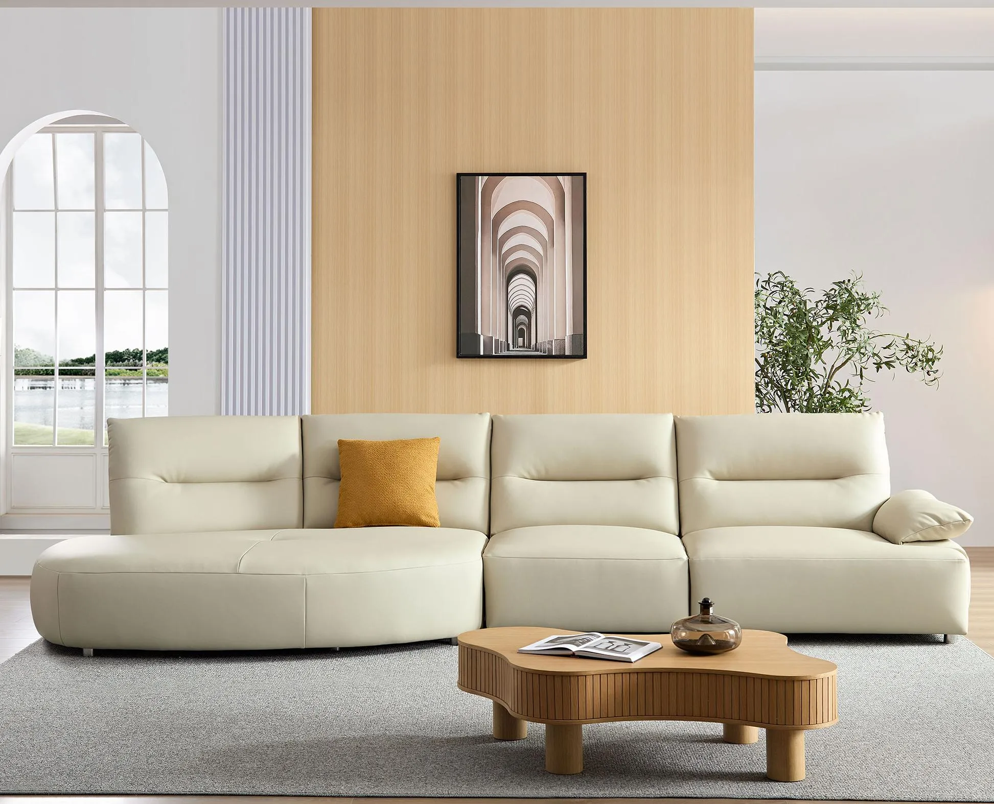 147.24'' Modern Curved Sectional Sofa, 5-Seat Eco-Leather Couch Set, Beige