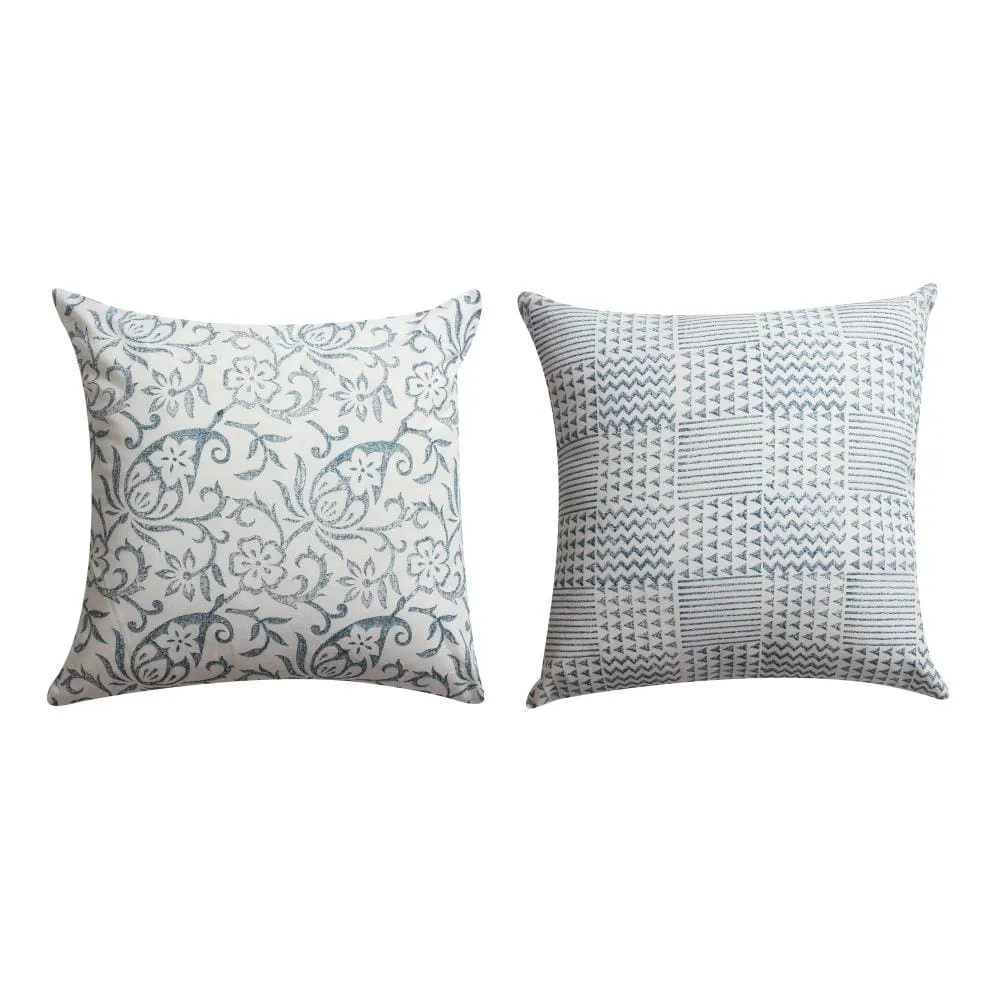 18 x 18 Square Cotton Accent Throw Pillow, Paisley Floral and Square Patterns, Set of 2, White, Blue By The Urban Port