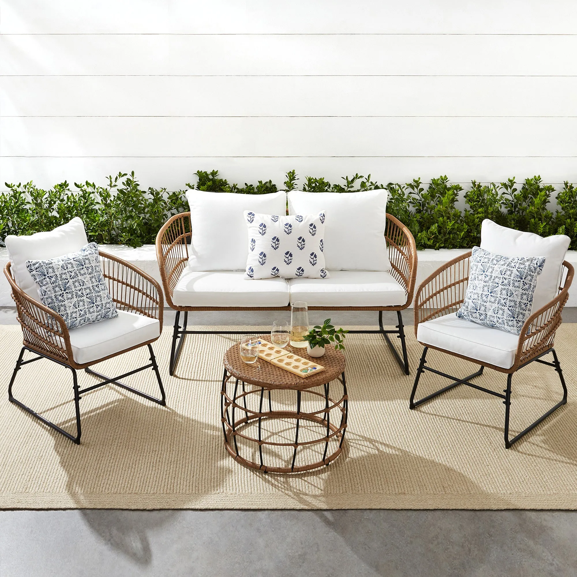 4-Piece Rope Wicker Outdoor Conversation Set w/ Cushions, Table