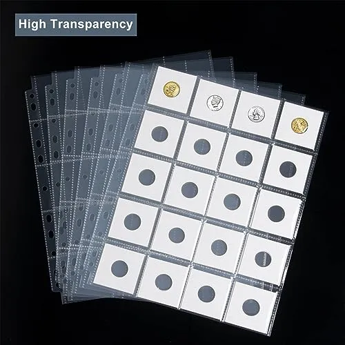 50ct 20-Pocket Coin Pages - Coin Pocket Pages for 2 x 2 Inch Cardboard Coin Holders, 11 Holes for Coin Binder, Coin Collecting Album Protectors, Coin Collection Storage