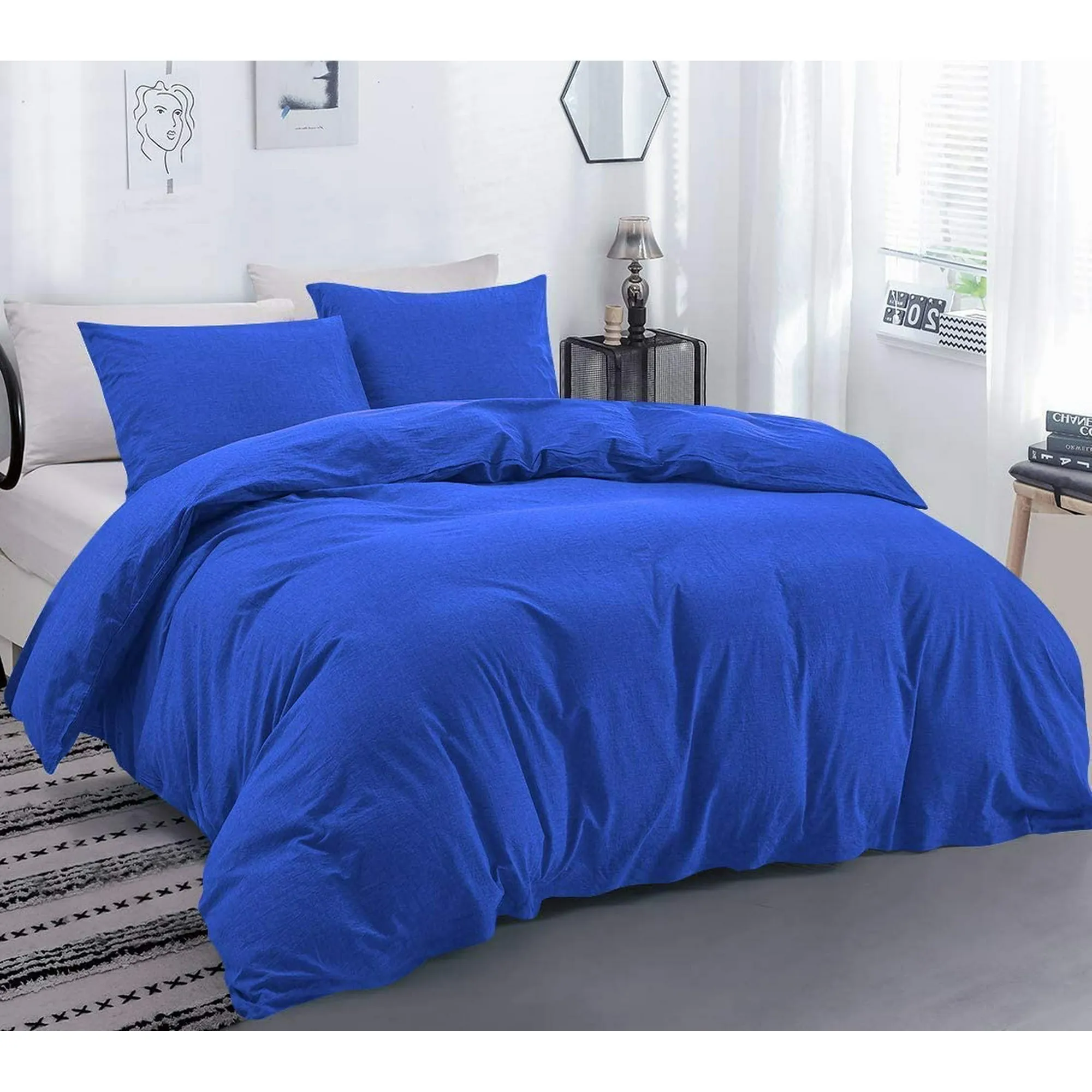 600 Thread Count Egyptian Cotton 3-PCs Duvet Cover Set { Button Closure } King/Cal-King, Royal Blue Solid