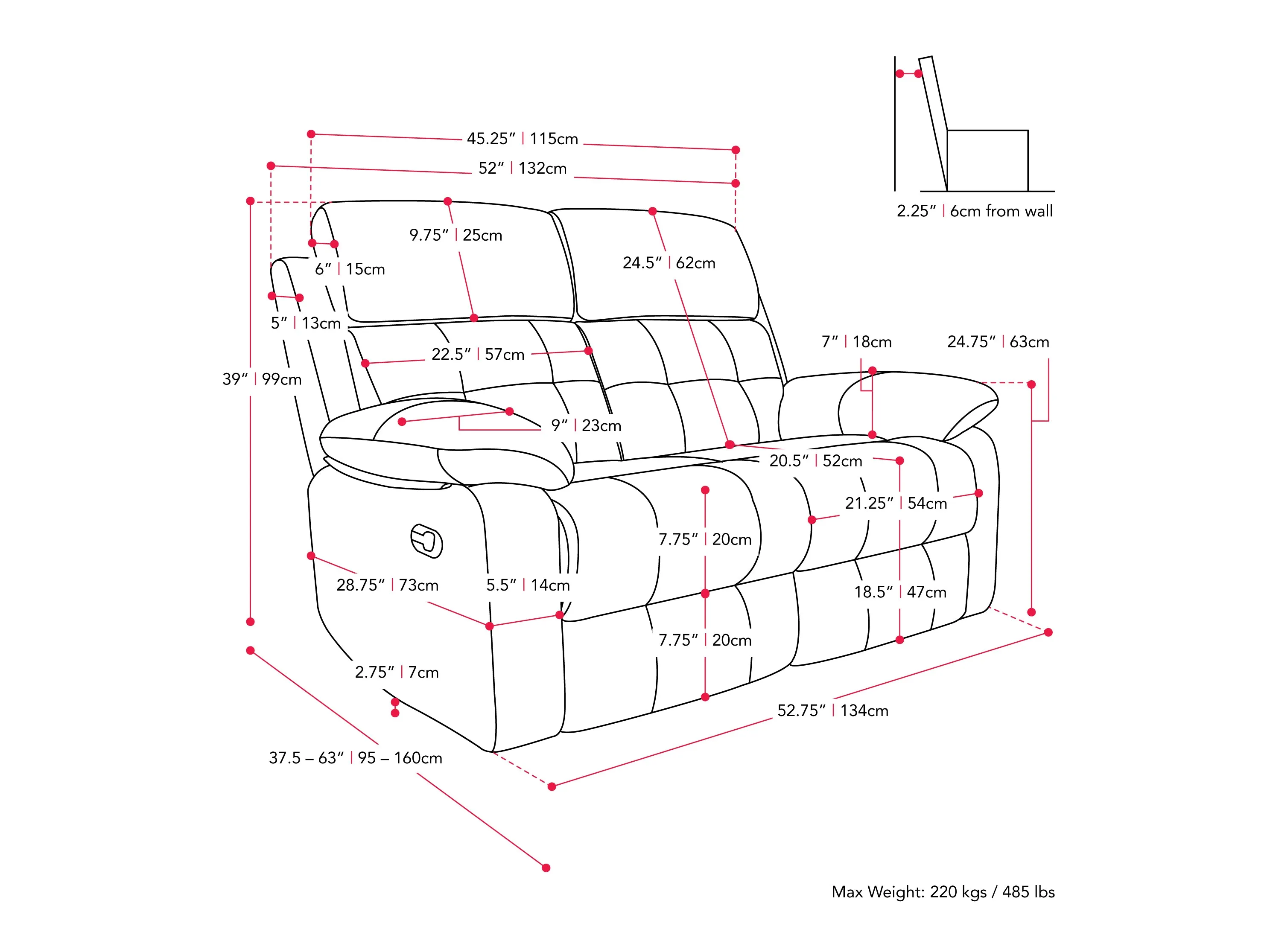 Blue 2 Seater Recliner Sofa