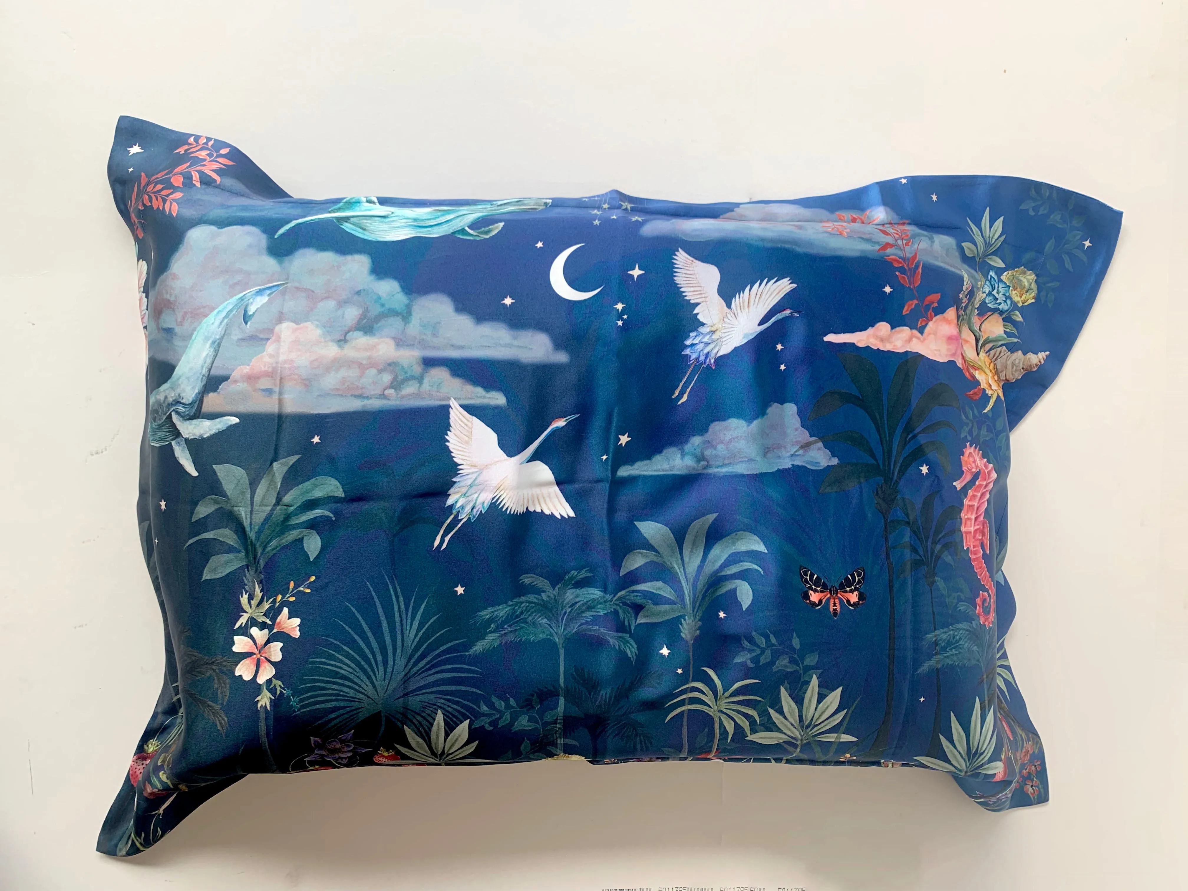 Blue Silk Pillowcase in hand painted 'Wonderous' print, Oxford Pillowcase