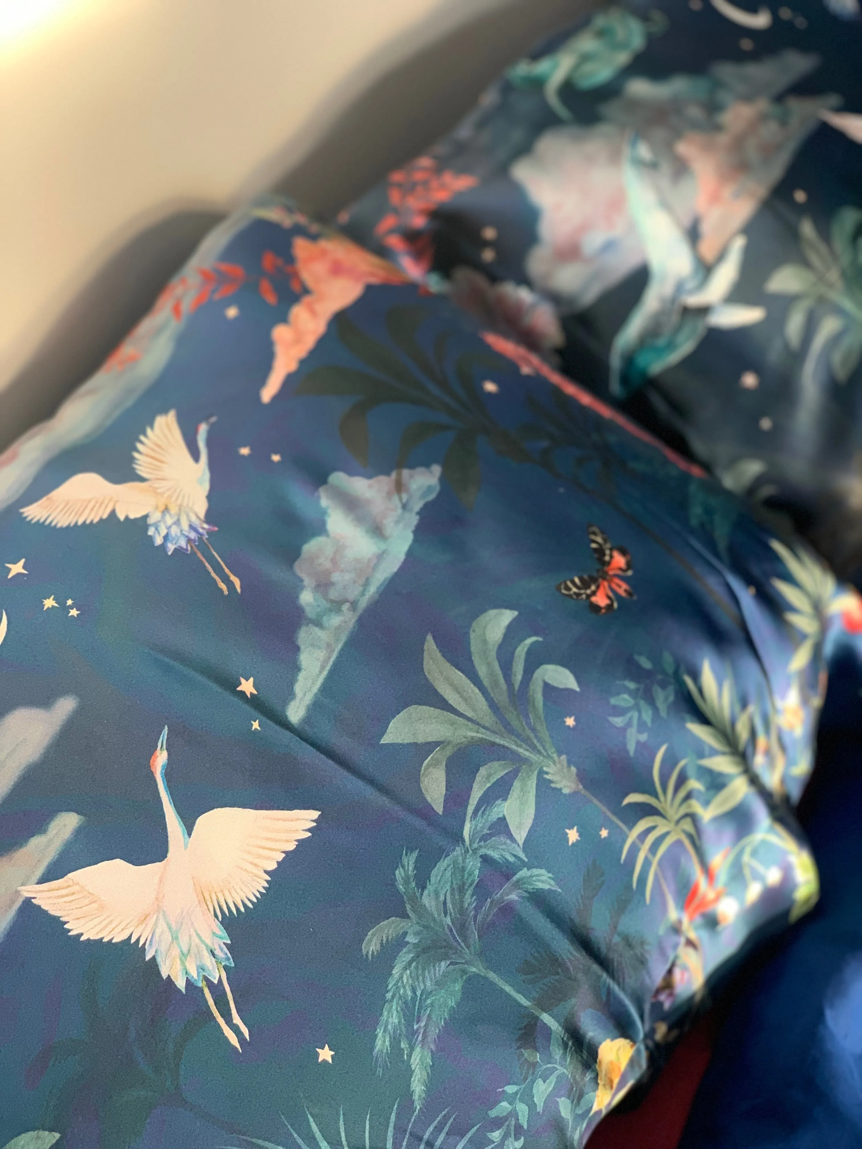 Blue Silk Pillowcase in hand painted 'Wonderous' print, Oxford Pillowcase