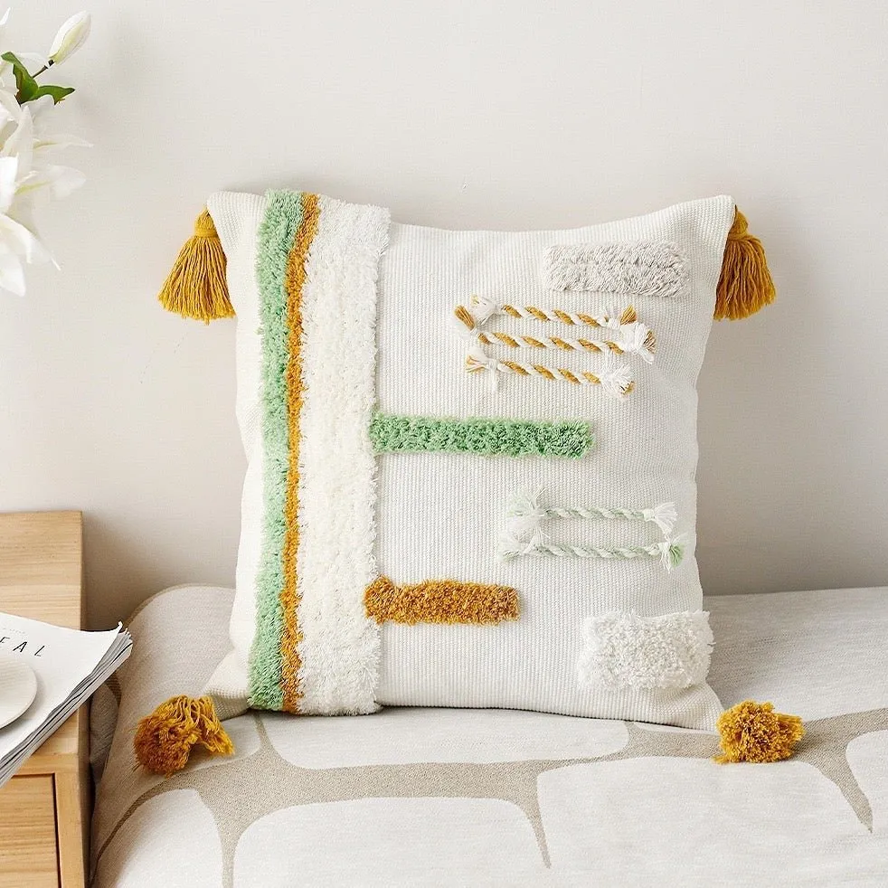 Boho-Inspired Decorative Throw Pillow Cover with Tassels | Hand-Tufted for Cozy Comfort