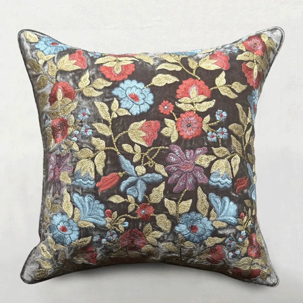 Connie Embroidered Silk Velvet Cushion in Graphite