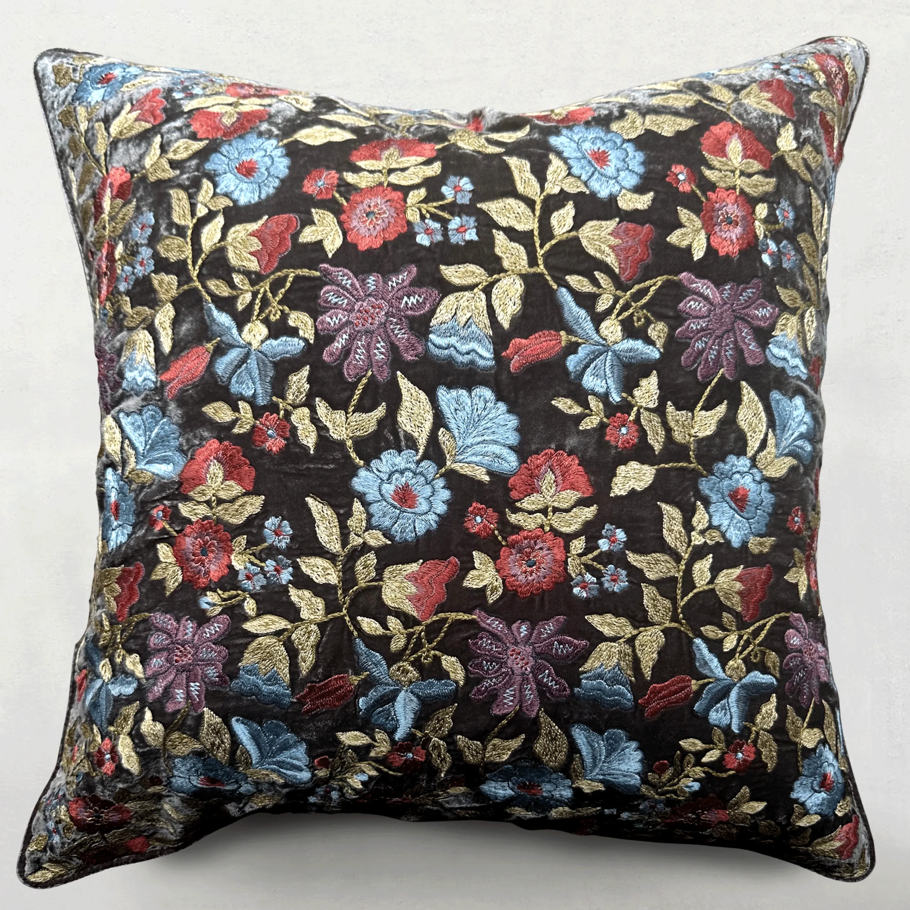 Connie Embroidered Silk Velvet Cushion in Graphite