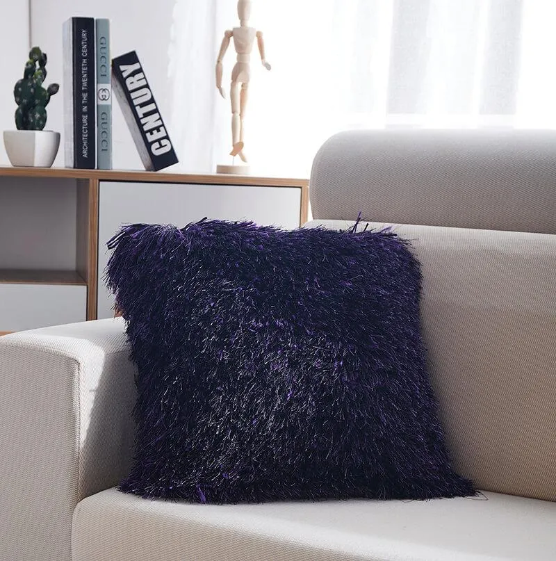 Decorative Shaggy Purple and Black Square Pillow