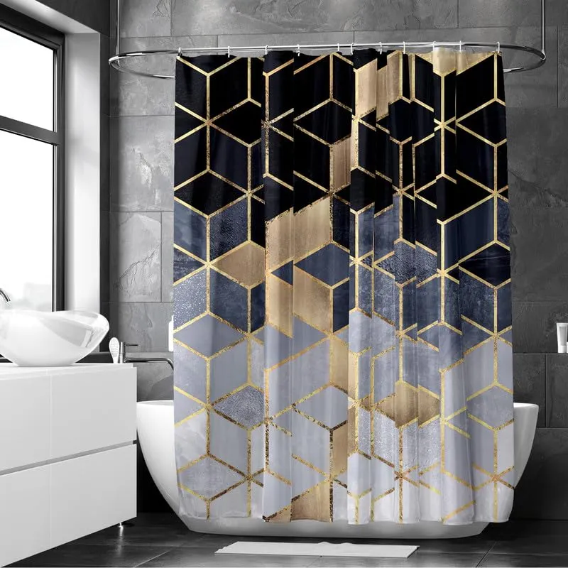 Encasa Shower Curtain & Bathmat 3 Pcs Set| Curtain 180x180 cm, Mats 45x75 cm, 45x37.5 cm| Creative Vibrant Coloured Polyster Curtain Sets with Non-Slip Bath mats for Bathroom| Golden Cubes Gradient