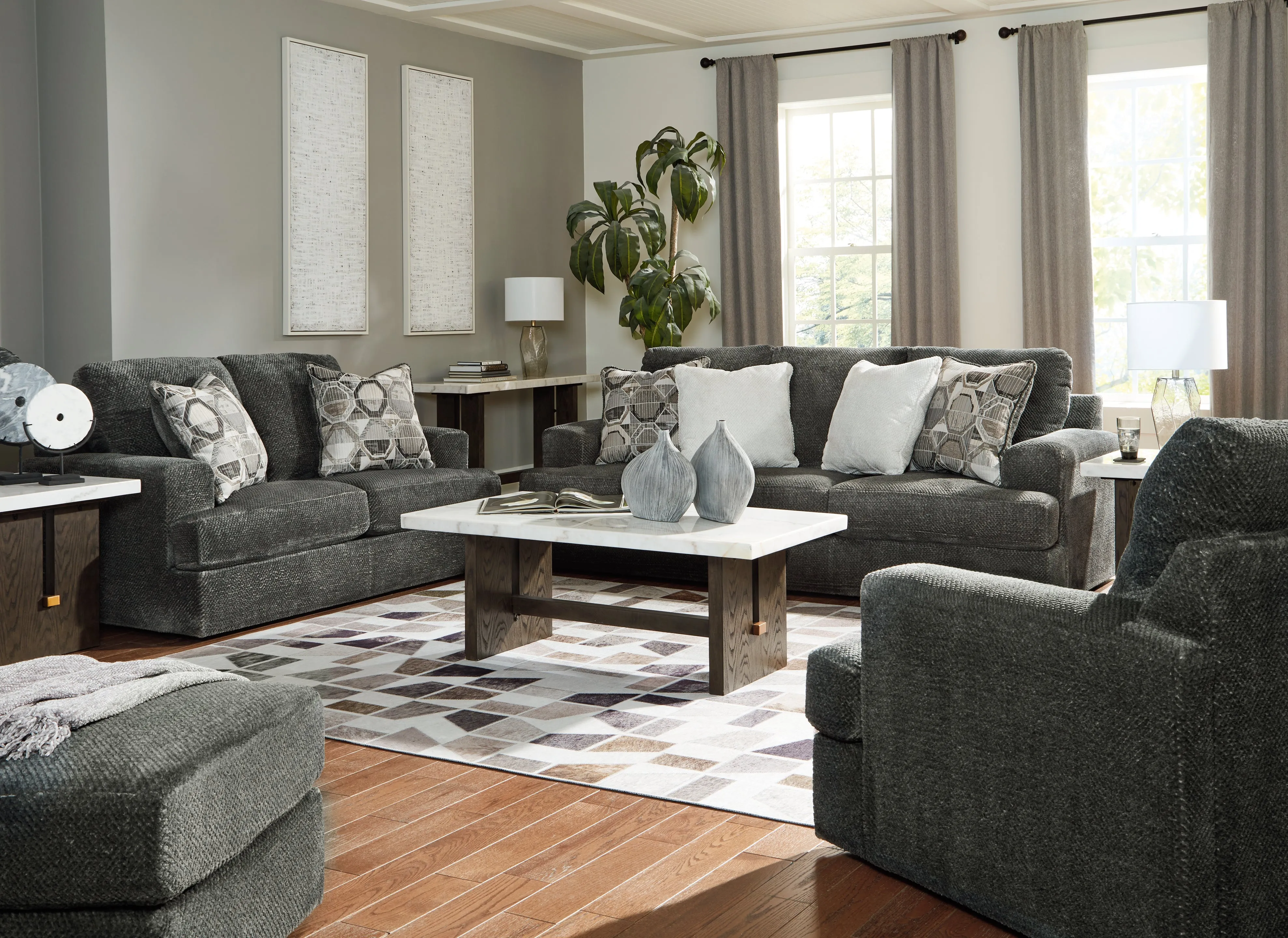 Karinne Sofa, Loveseat, Chair and Ottoman in Smoke