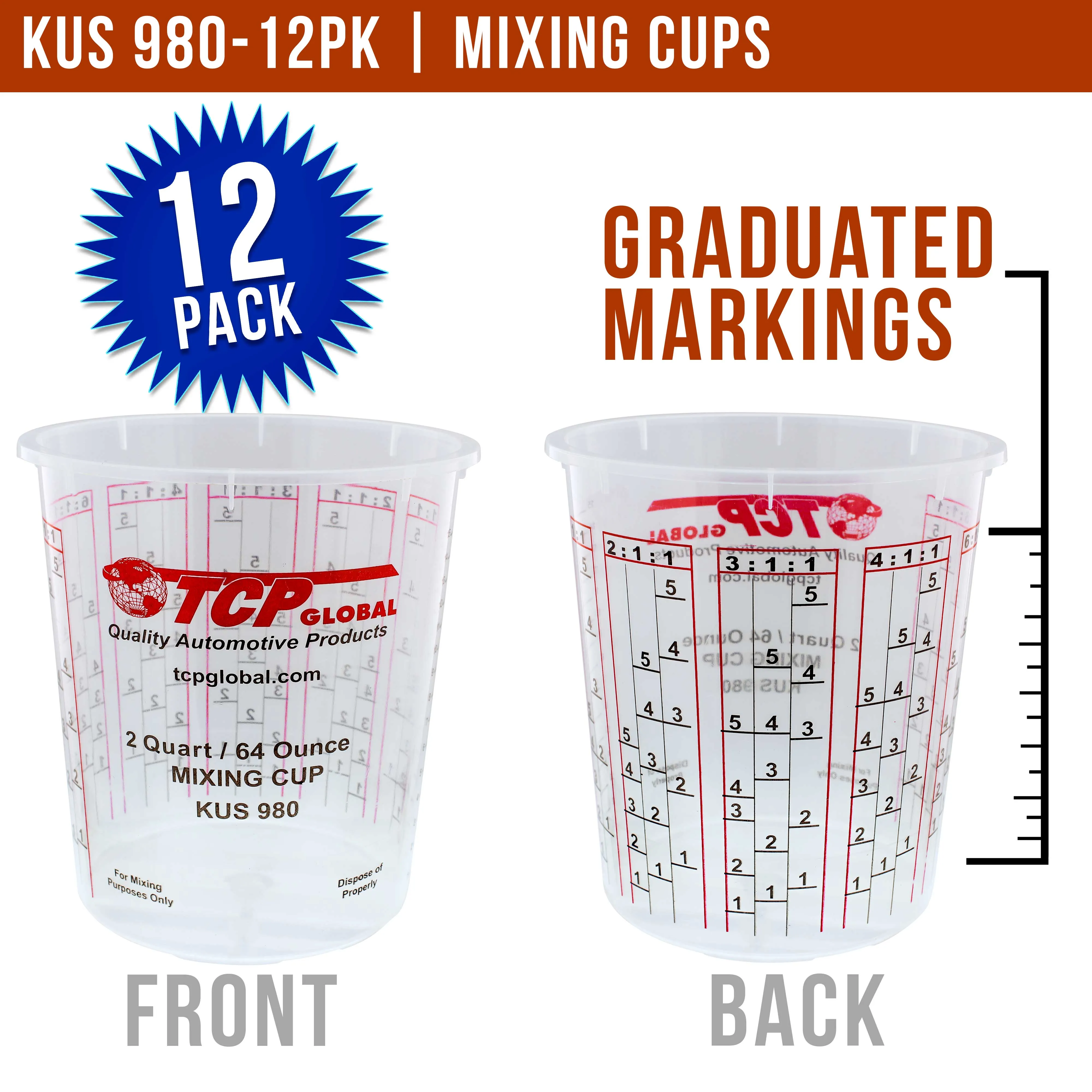 Pack of 12 - Mix Cups - Half Gallon size - 64 ounce Volume Paint and Epoxy Mixing Cups - Mix Cups Are Calibrated with Multiple Mixing Ratios