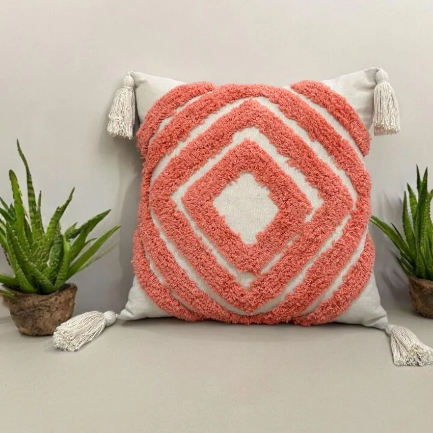 Peach Tufted Concentric Diamond Cotton Cushion Cover | 16 x 16 Inches