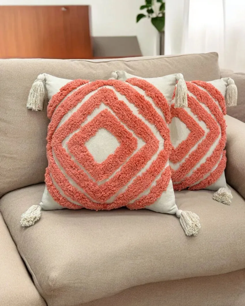 Peach Tufted Concentric Diamond Cotton Cushion Cover | 16 x 16 Inches