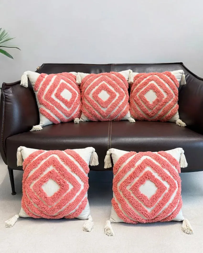 Peach Tufted Concentric Diamond Cotton Cushion Cover | 16 x 16 Inches