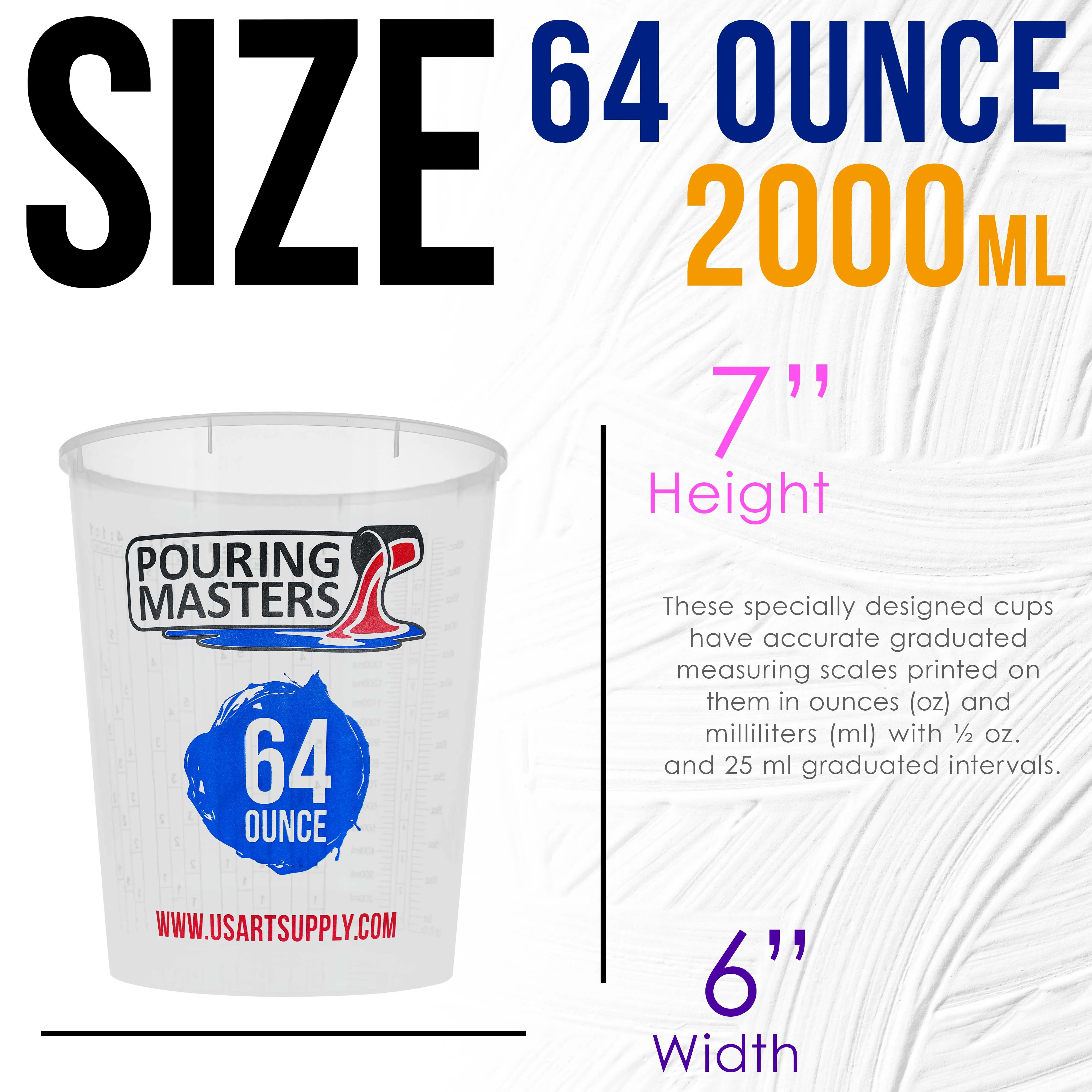 Pouring Masters 64 Ounce (2000ml) Graduated Plastic Mixing Cups (Box of 12) - Use for Paint, Resin, Epoxy, Art, Kitchen - Measurements OZ. ML. Ratios