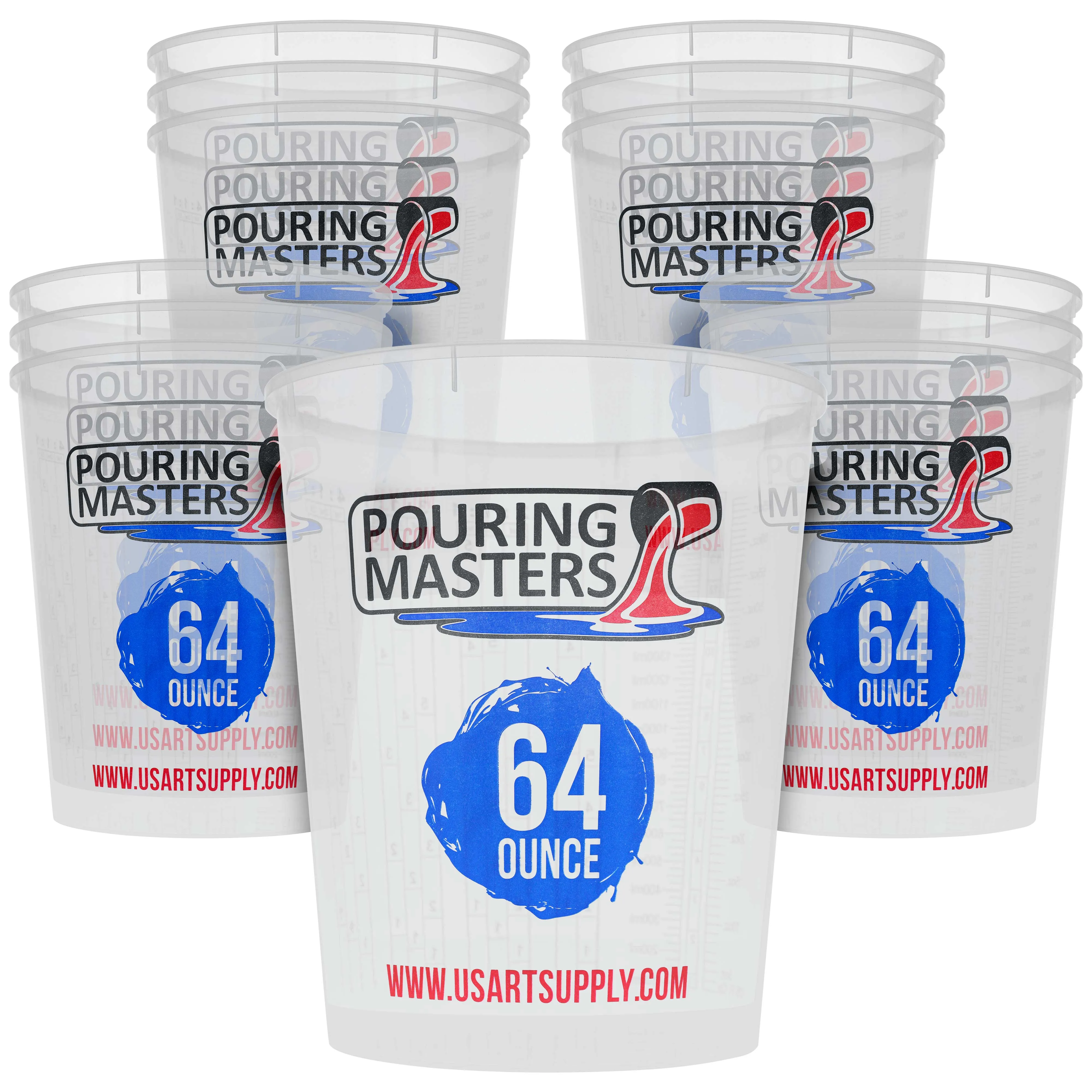 Pouring Masters 64 Ounce (2000ml) Graduated Plastic Mixing Cups (Box of 12) - Use for Paint, Resin, Epoxy, Art, Kitchen - Measurements OZ. ML. Ratios