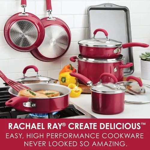 Rachael Ray Nonstick Cookware Pots And Pans Set - 13 Piece - Red Shimmer