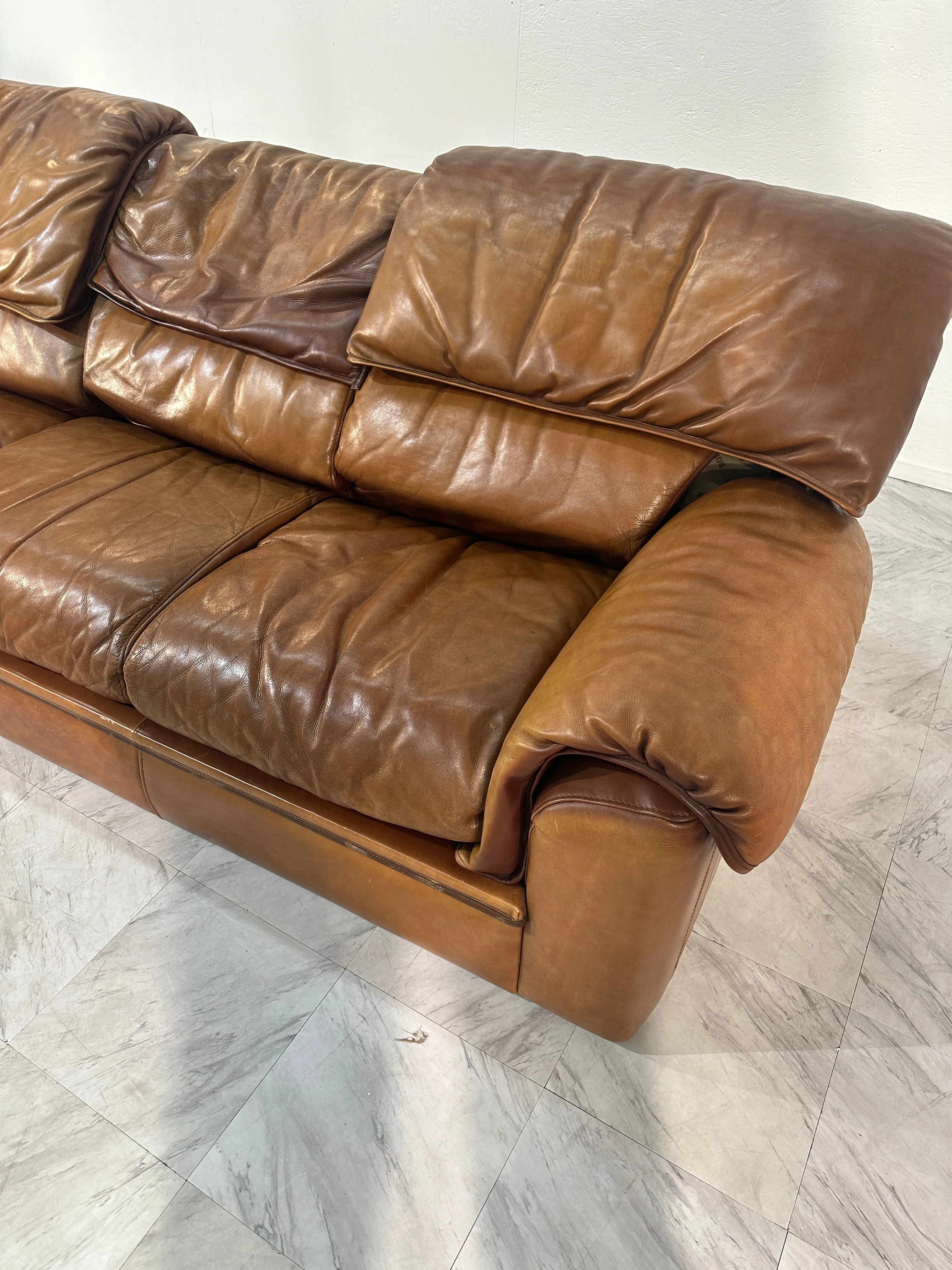 Roche Bobois Three Seater Vintage Sofa in Light Brown Leather