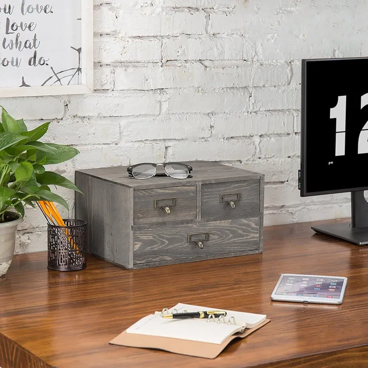 Rustic Gray Wooden 3-Drawer Desktop Organizer