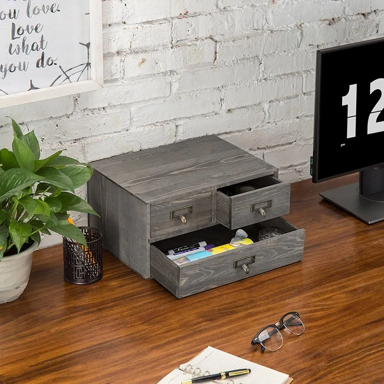 Rustic Gray Wooden 3-Drawer Desktop Organizer