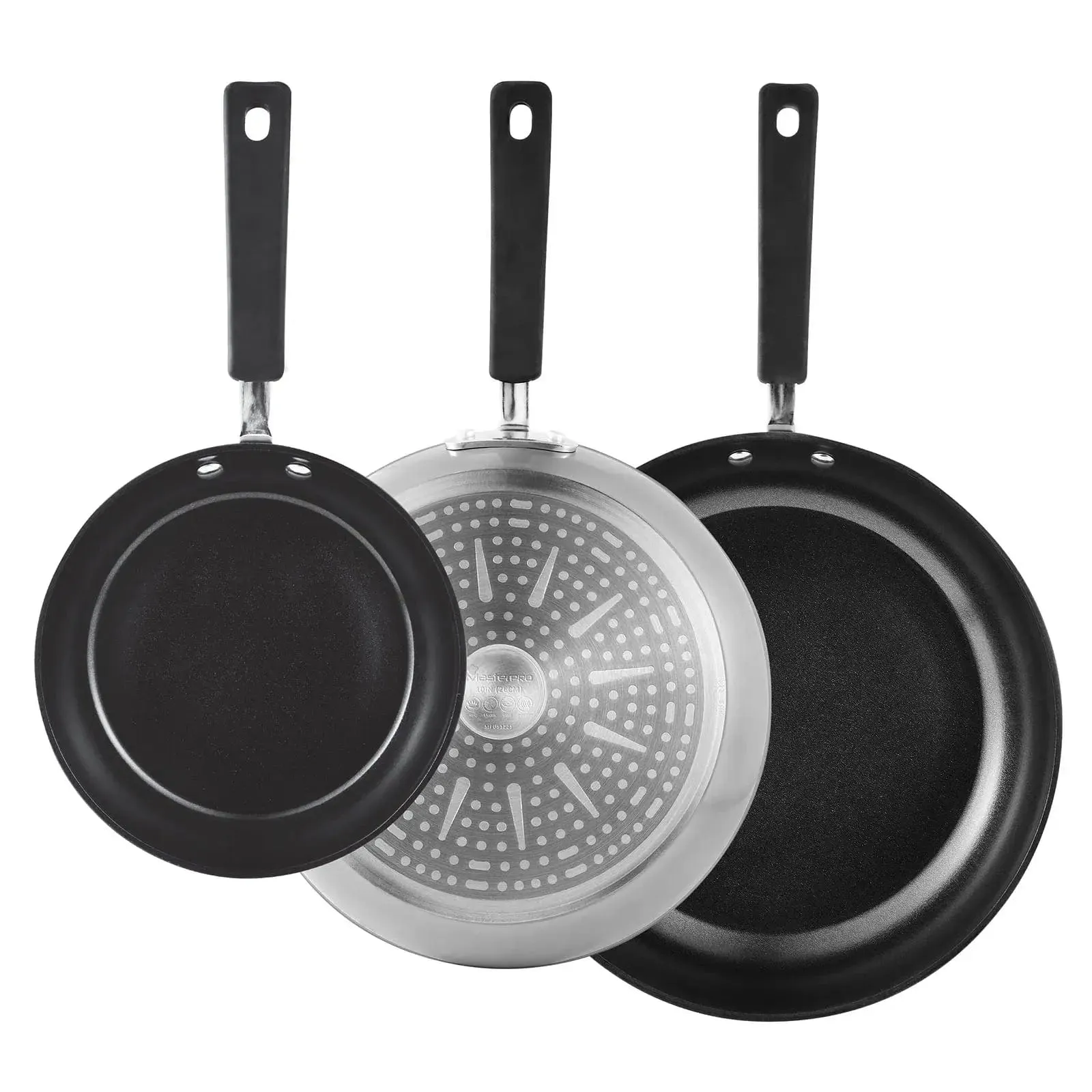 Set of 3 MasterPro Smart Frying Pans Black Silver 20cm/26cm/30cm