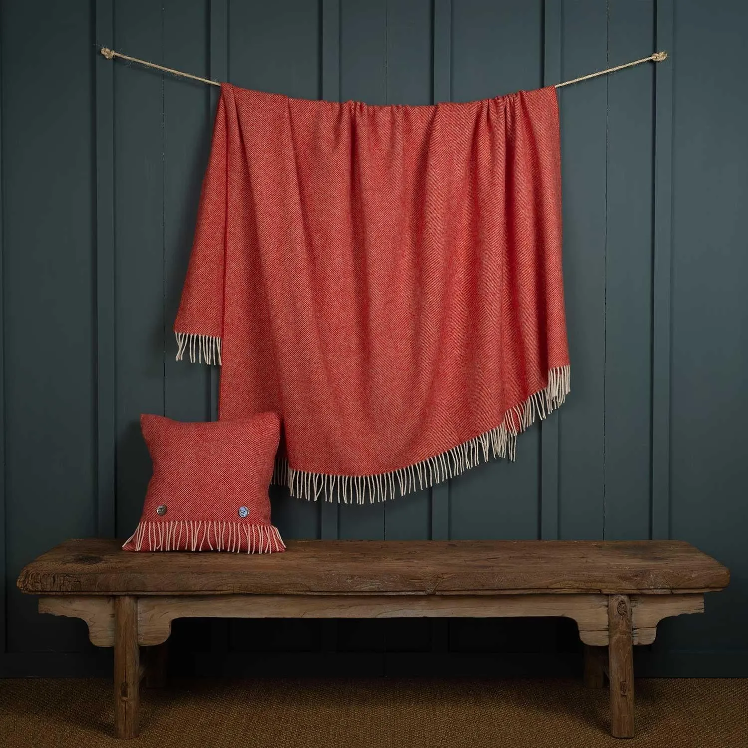 Shetland Wool Herringbone Throw Coral Red