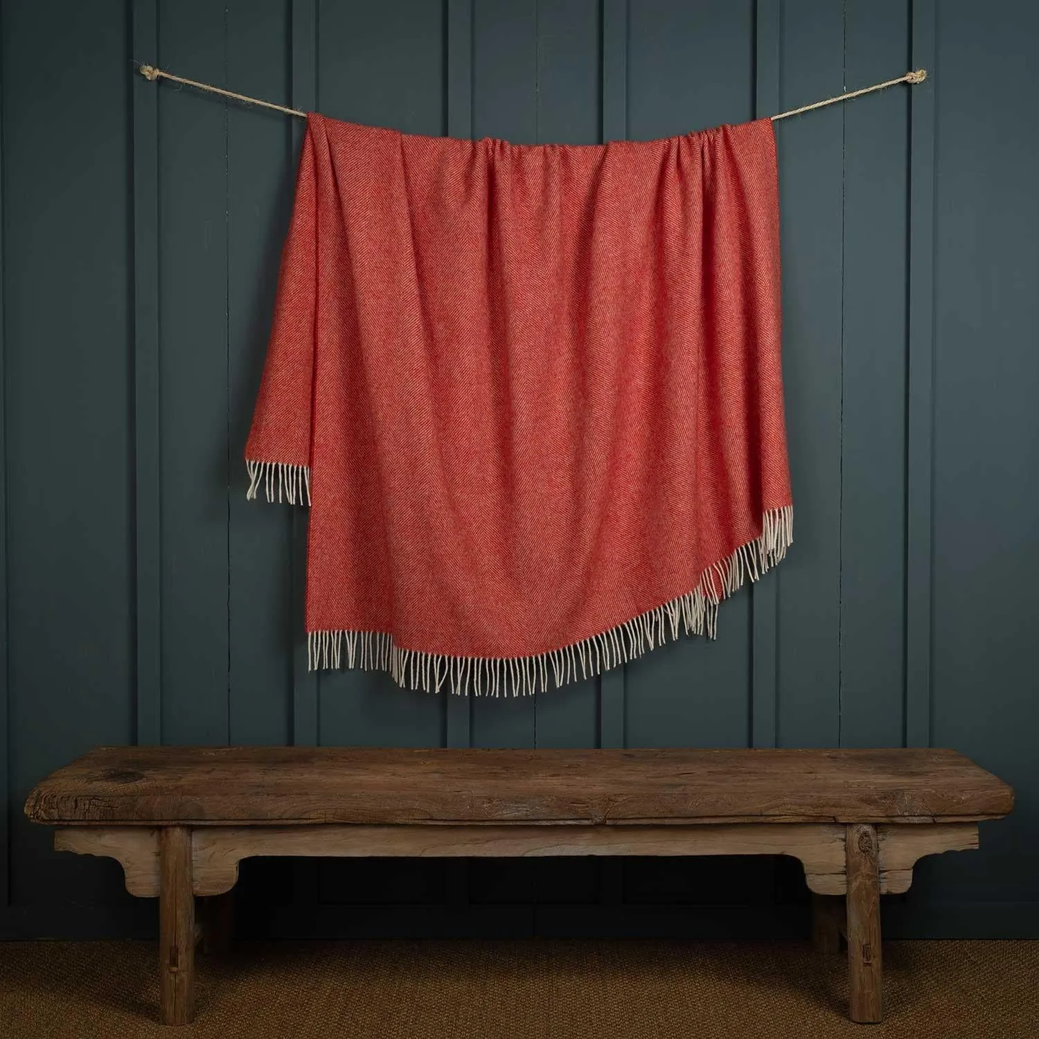 Shetland Wool Herringbone Throw Coral Red