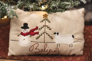 Snowman & Sheep Believe Decorative Christmas Pillow, 6" x 9"