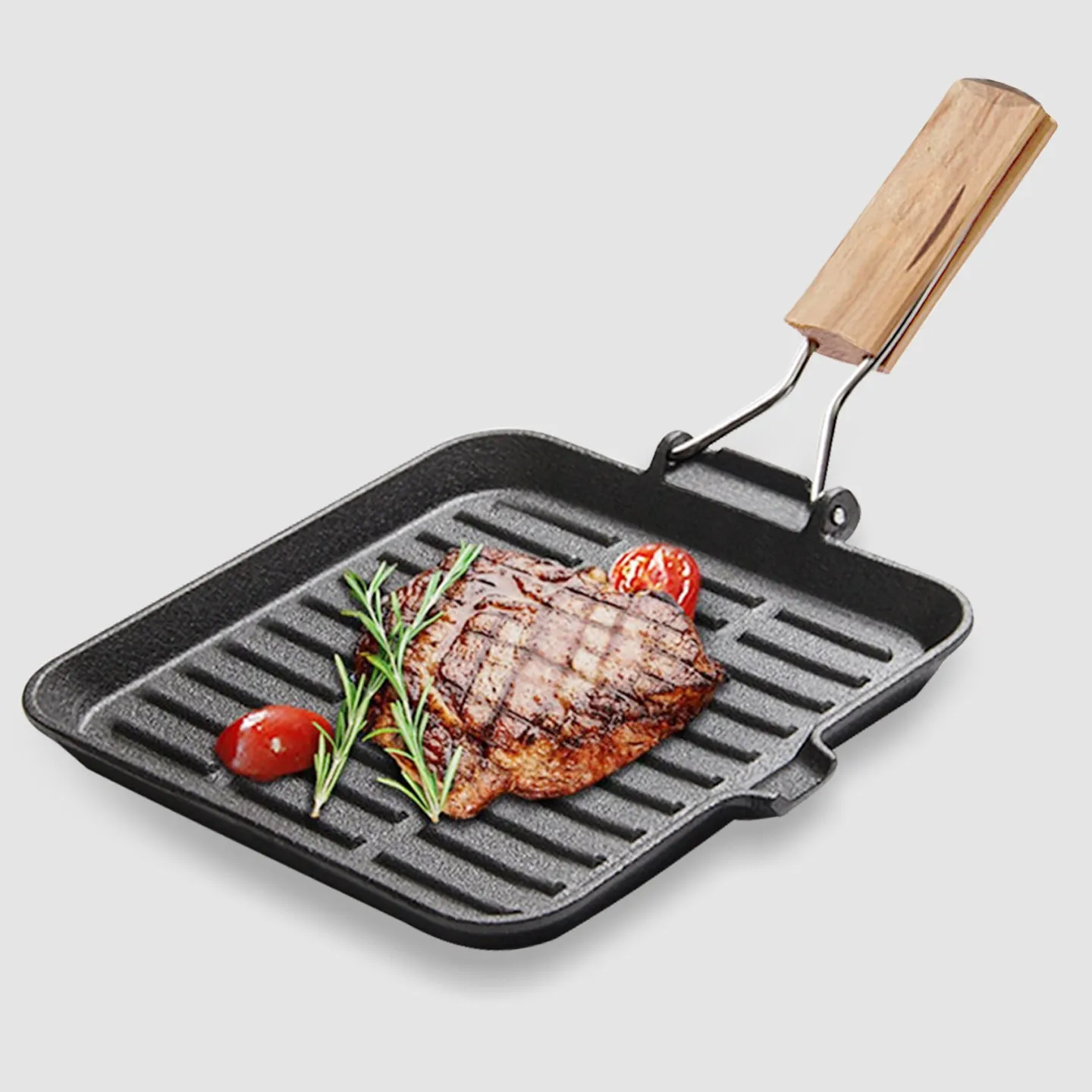 SOGA 28cm Ribbed Cast Iron Square Steak Frying Grill Skillet Pan with Folding Wooden Handle