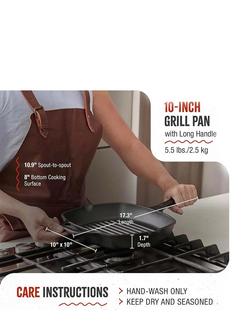 Square Cast Iron Grill Pan Non-GMO Flaxseed Oil | Safe For All Cooktops | 11 x 17 inches