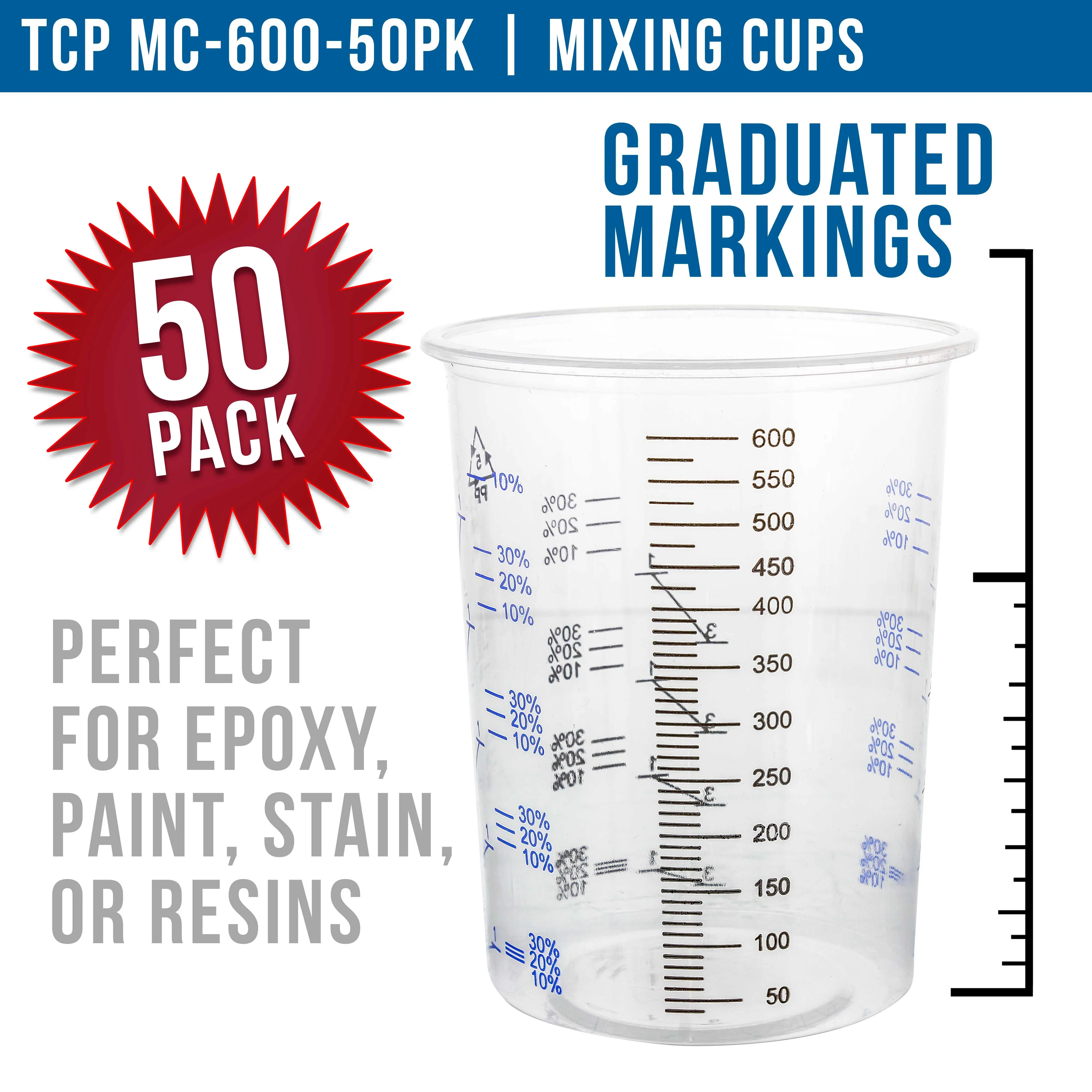 TCP Global 20 Ounce (600ml) Disposable Flexible Clear Graduated Plastic Mixing Cups - Box of 50 Cups - Use for Paint, Resin, Epoxy, Art, Kitchen