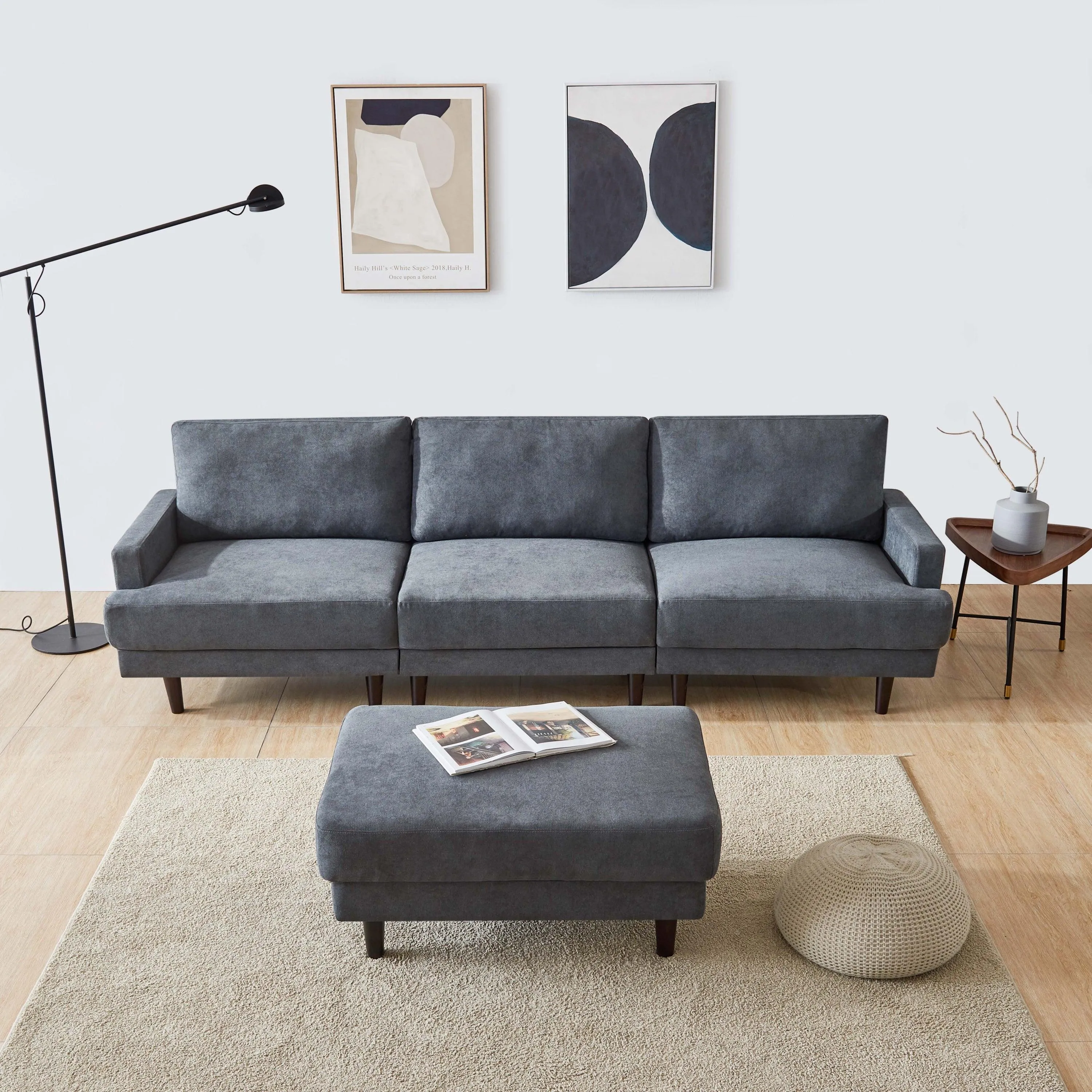 WIIS' IDEA Modern L-shaped Fabric Sofa 3 Seater With Ottoman - Dark Grey