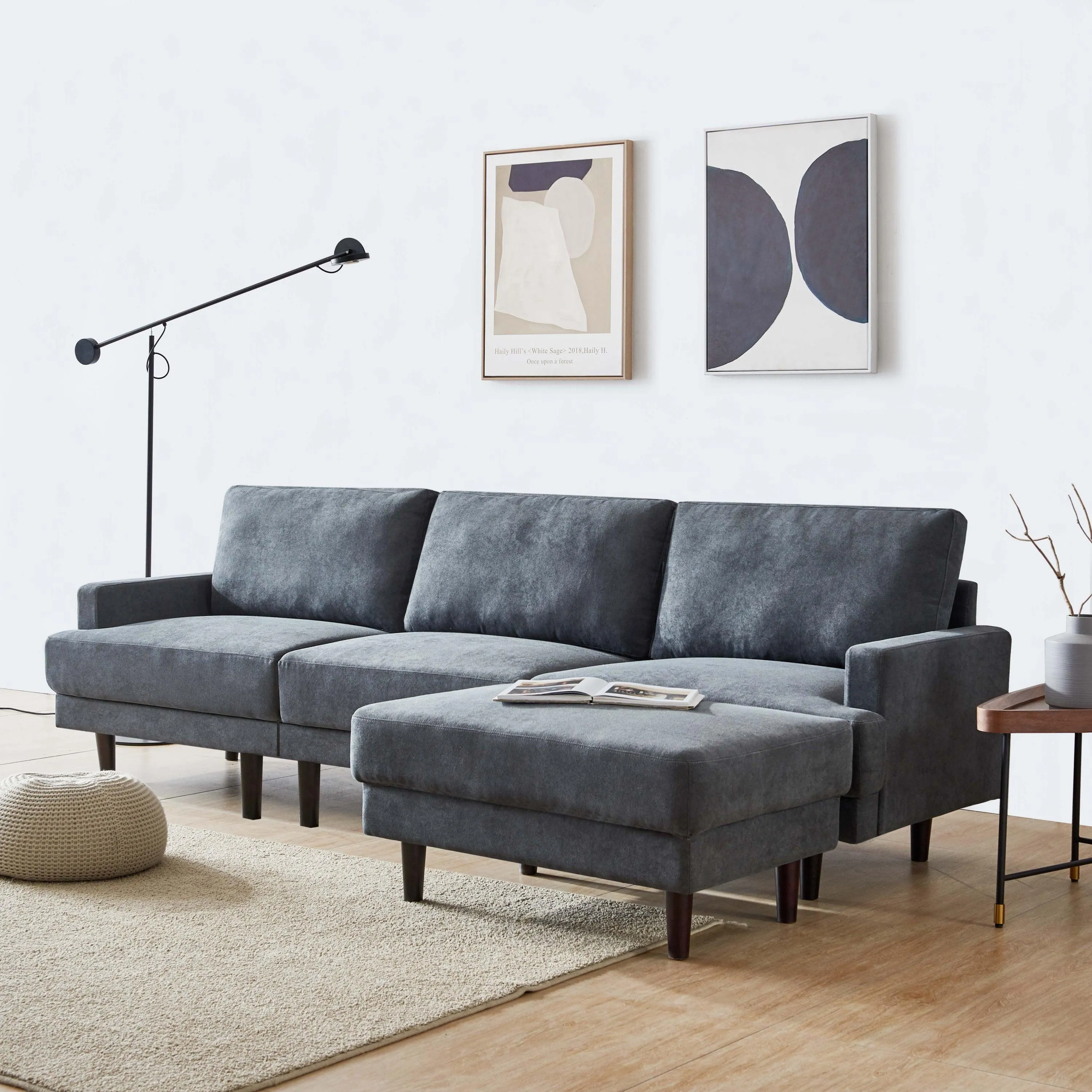 WIIS' IDEA Modern L-shaped Fabric Sofa 3 Seater With Ottoman - Dark Grey