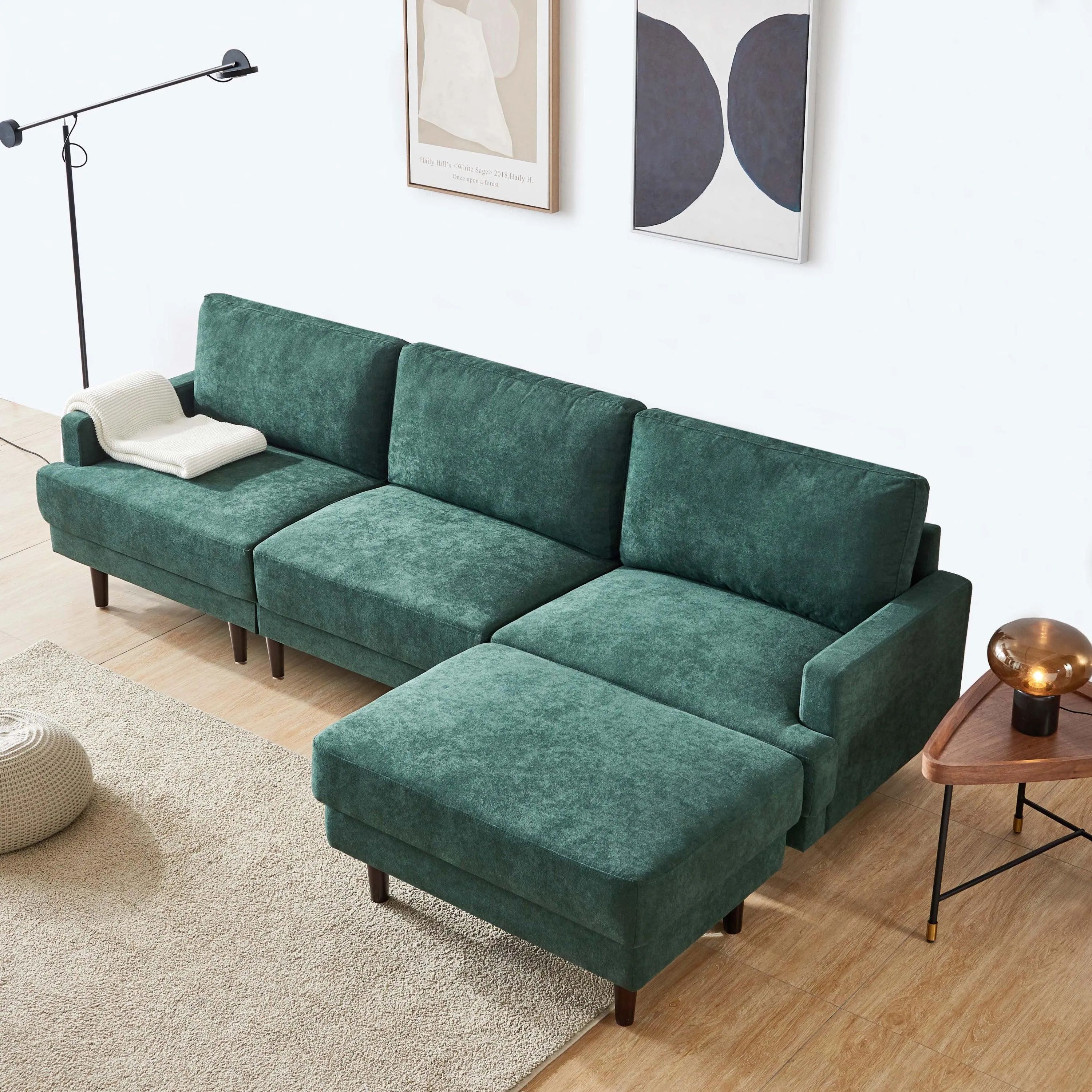 WIIS' IDEA Modern L-shaped Fabric Sofa 3 Seater With Ottoman - Emerald