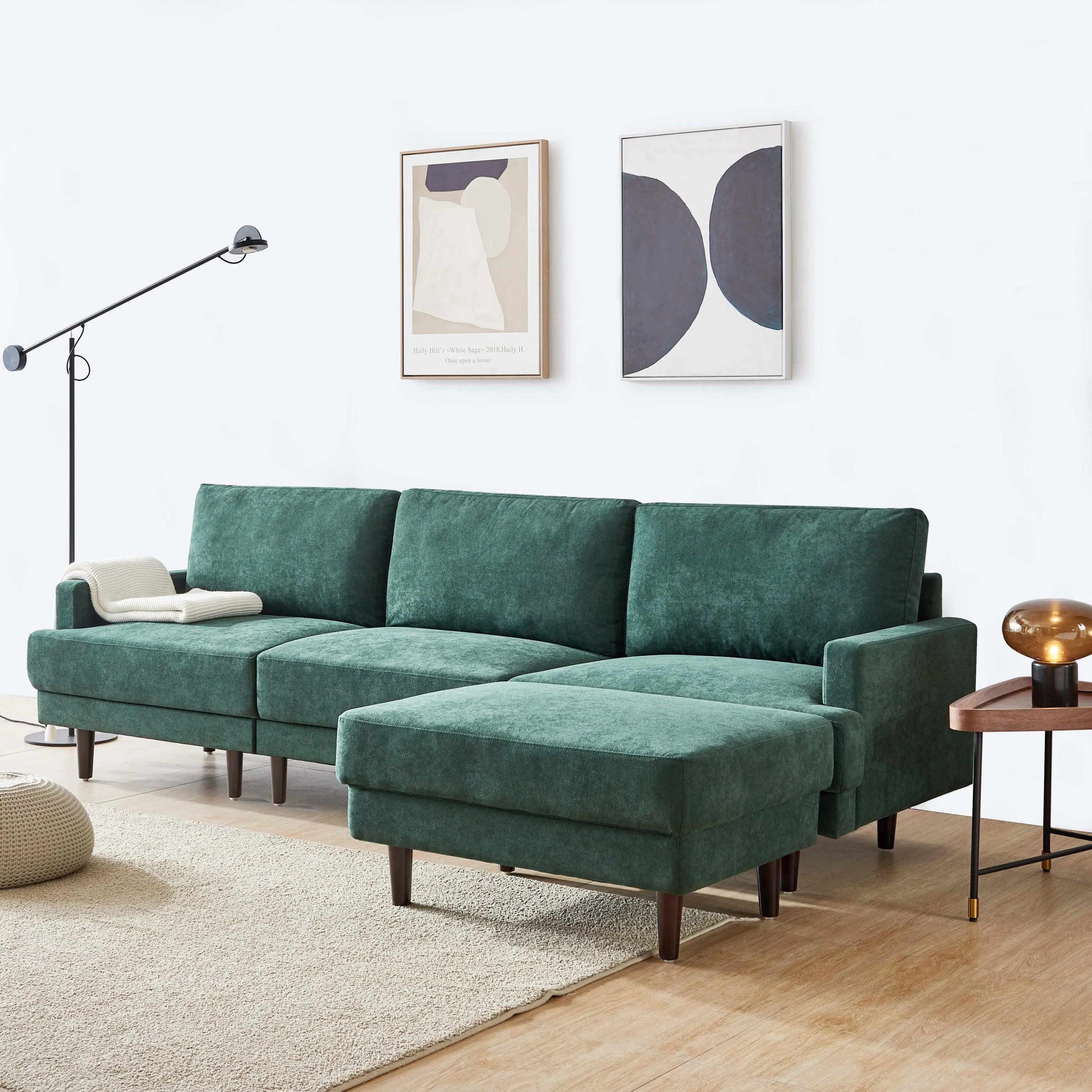 WIIS' IDEA Modern L-shaped Fabric Sofa 3 Seater With Ottoman - Emerald